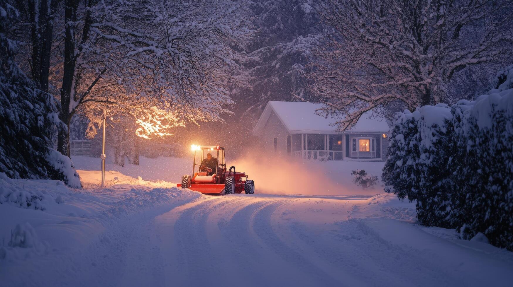 Snowy evening scene with snow removal equipment. photo