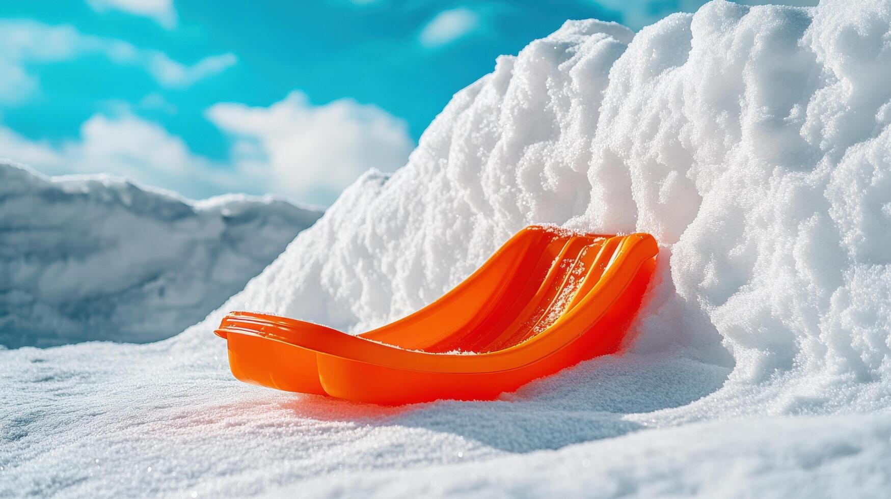 Orange plastic sled nestled in snowy landscape. photo
