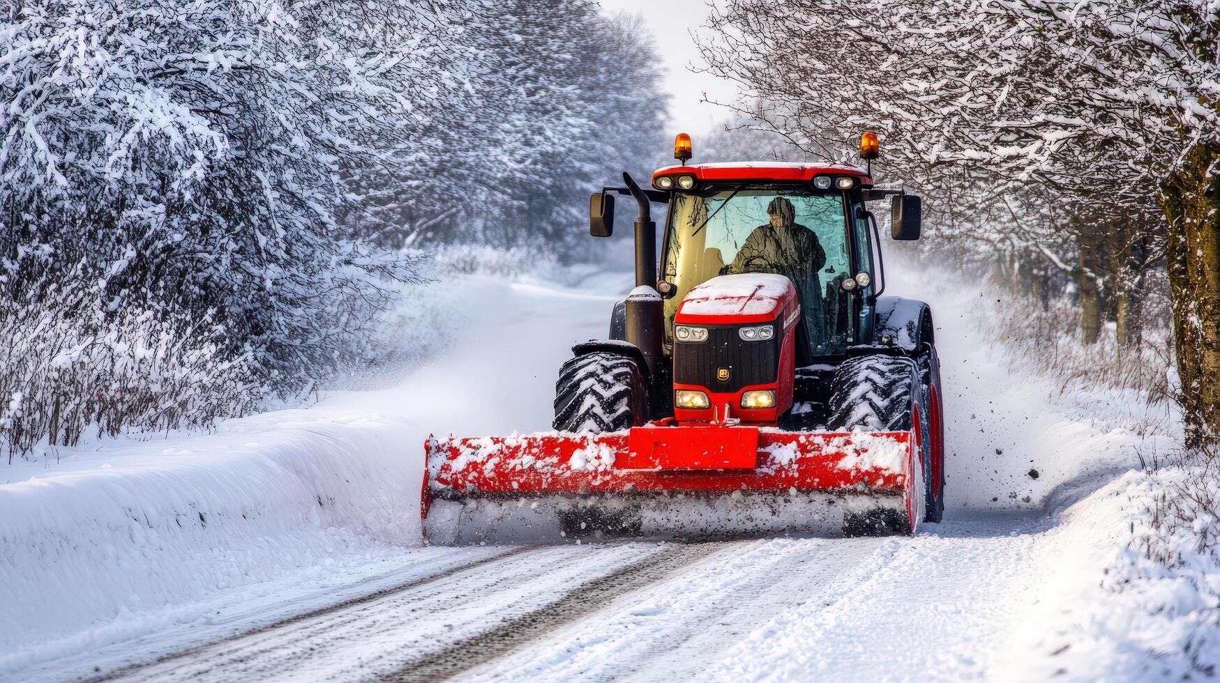 Red tractor clears snowy country road. photo