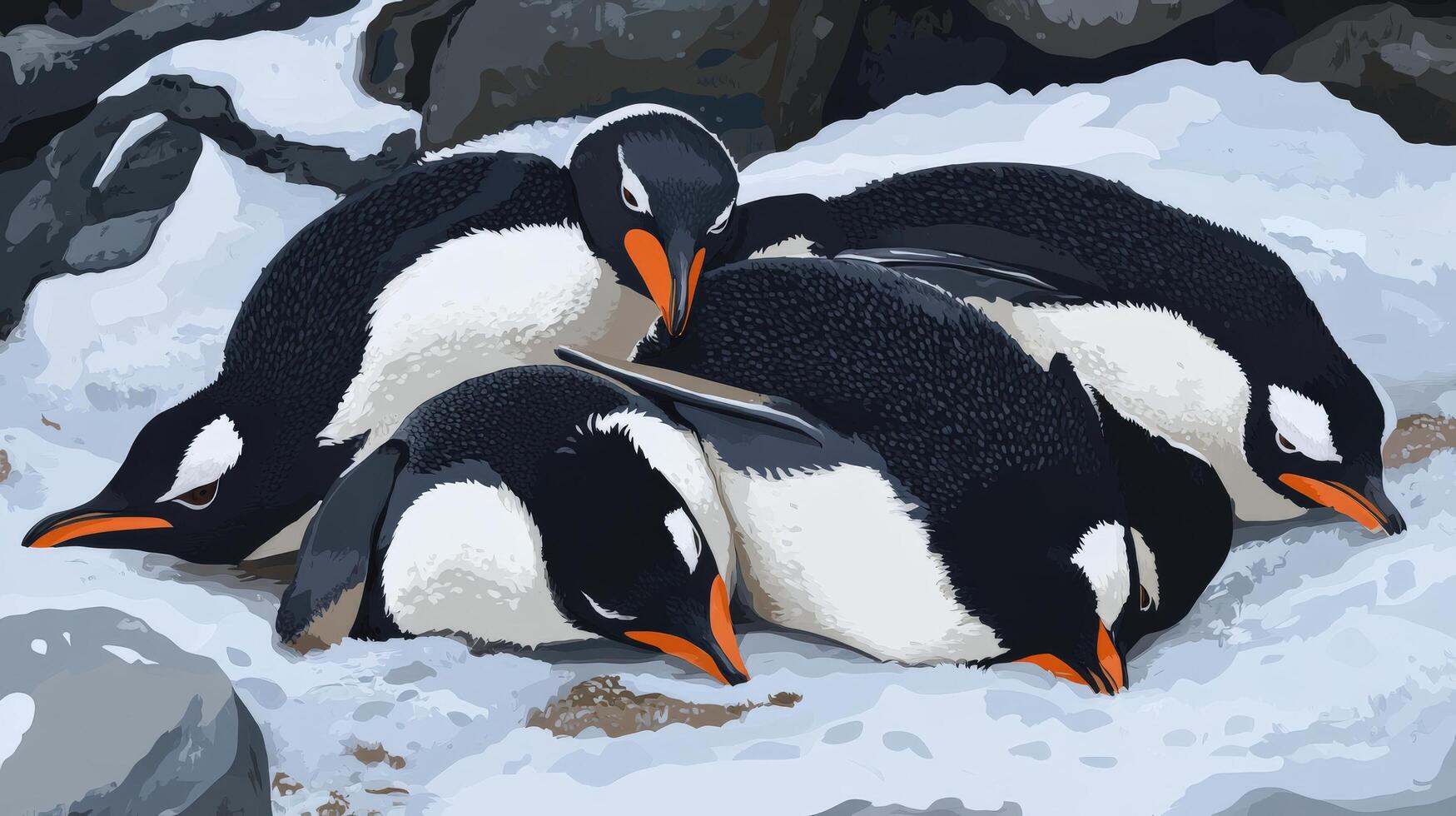 Sleeping penguins huddled together on snow and rocks. photo