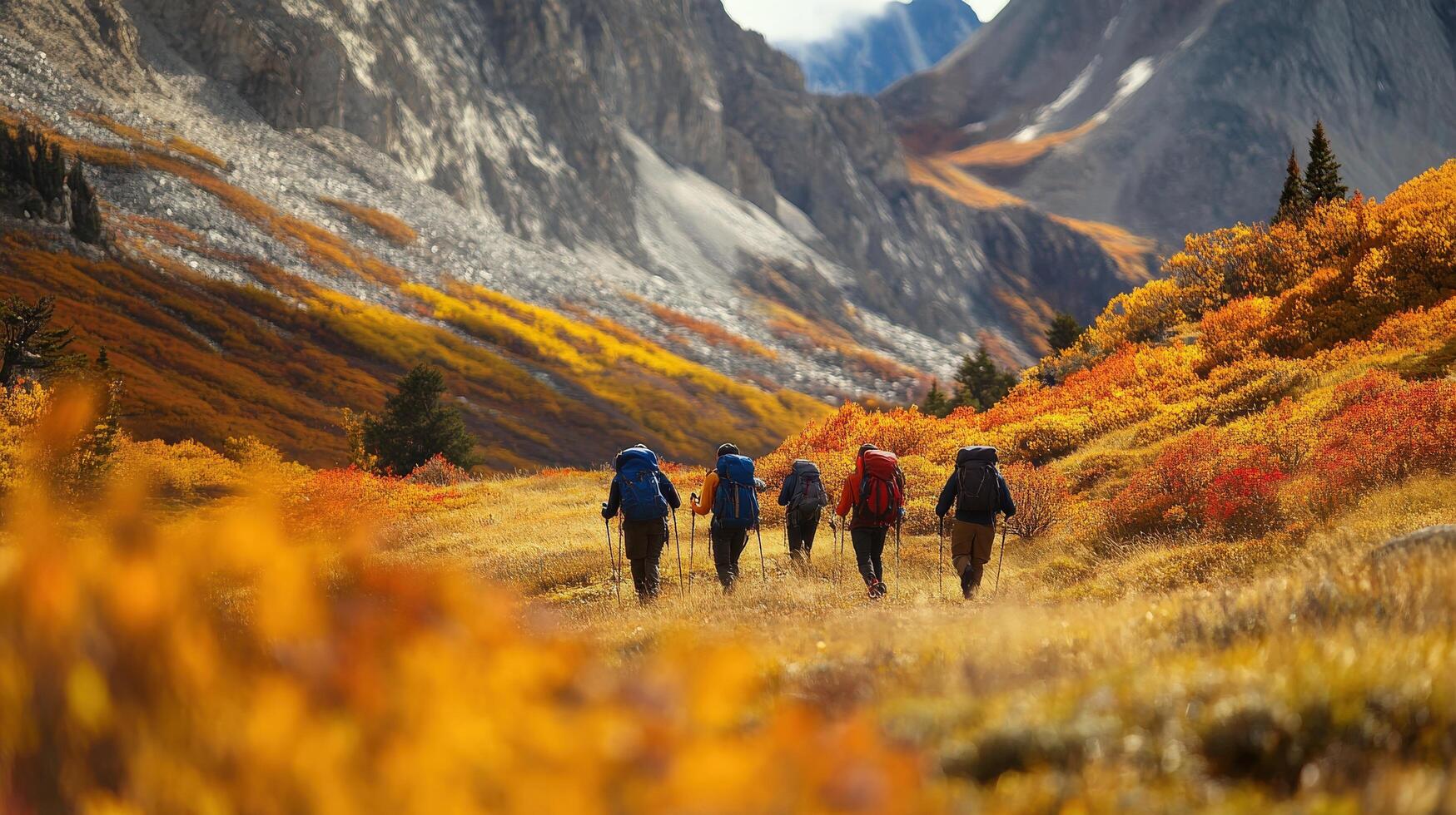 Hikers traverse a colorful autumnal mountain path. photo