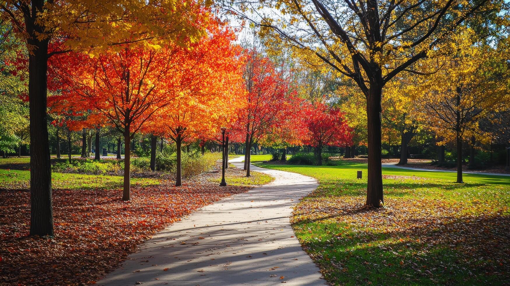 Autumnal path through a park bathed in sunlight. photo