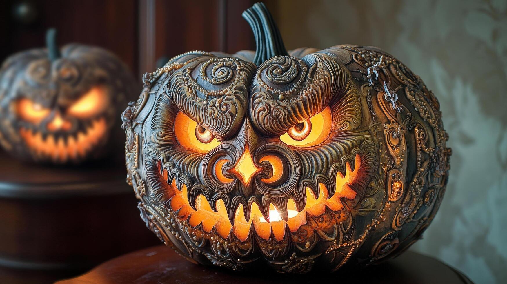 Ornate carved pumpkin with glowing eyes and teeth. photo