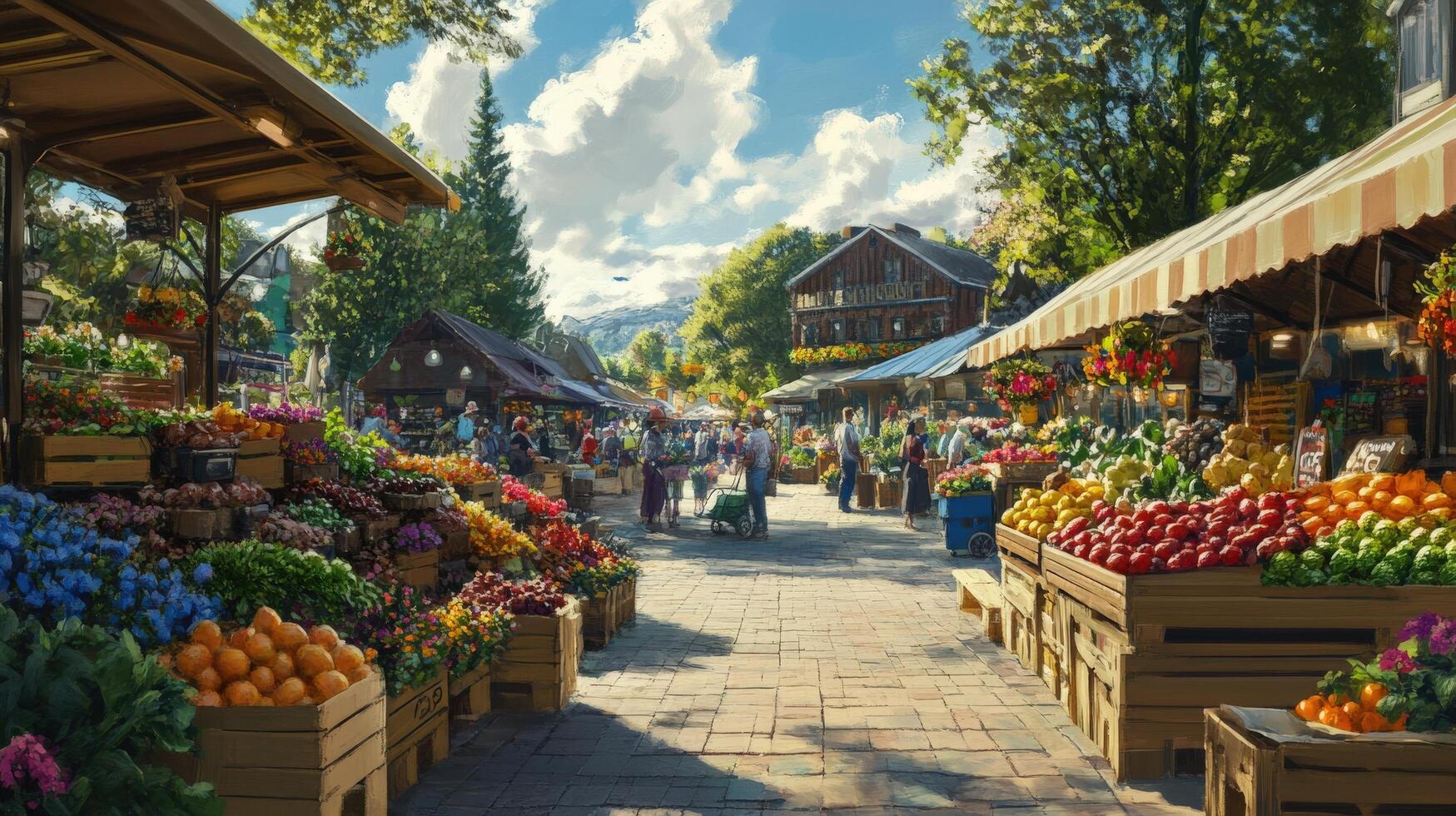 Vibrant outdoor market scene with fresh produce displays. photo