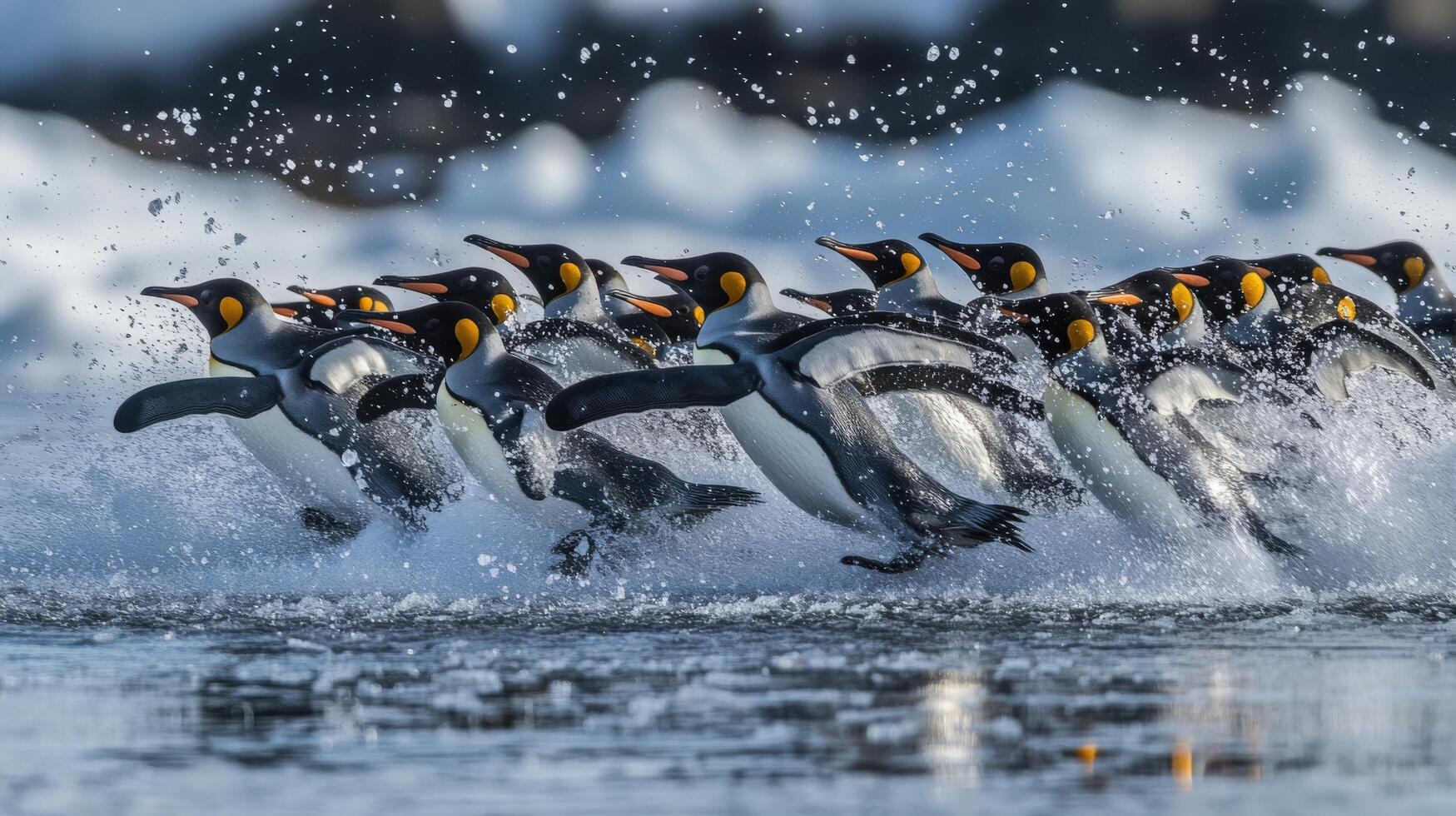 A group of penguins running through water. photo