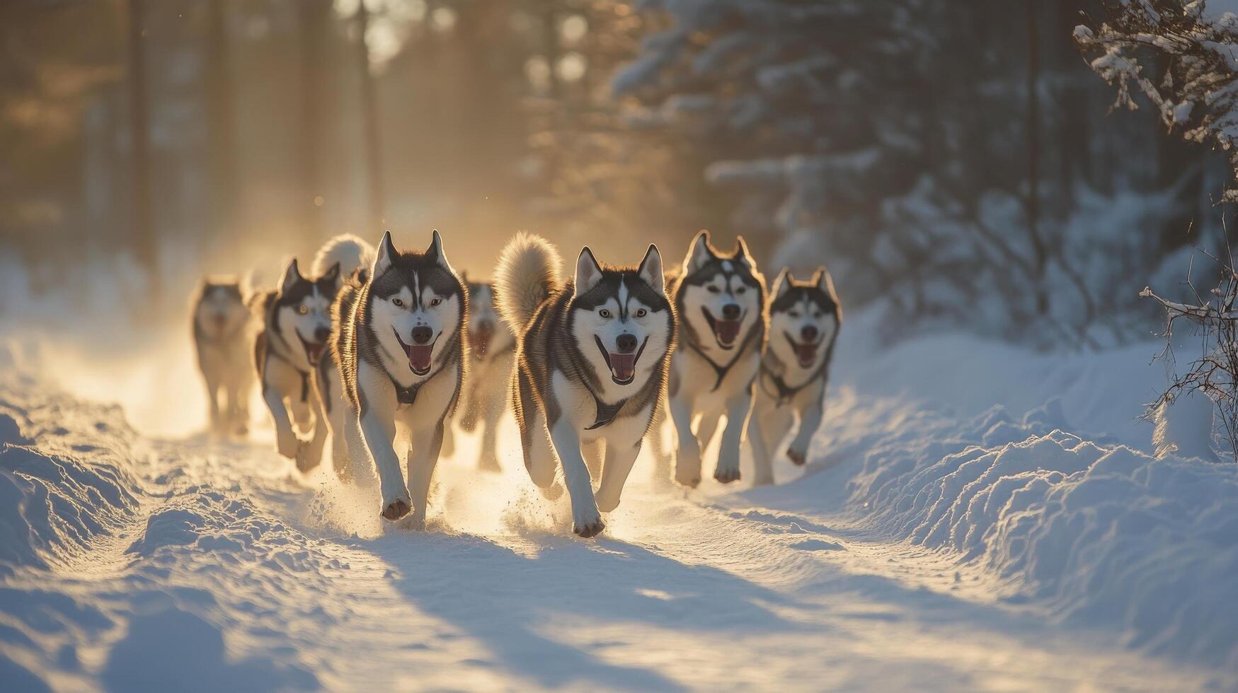 Winter sunlit husky sled dogs in snowy trail. photo