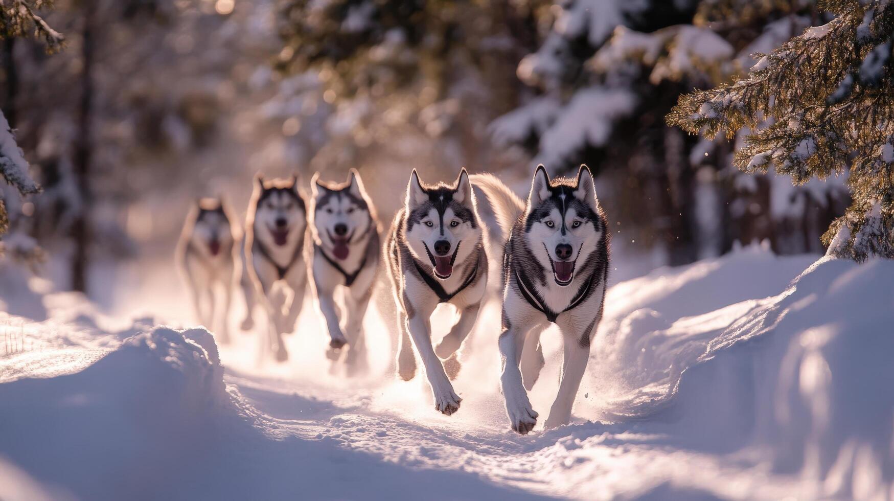 A group of sled dogs running through snowy woodland. photo