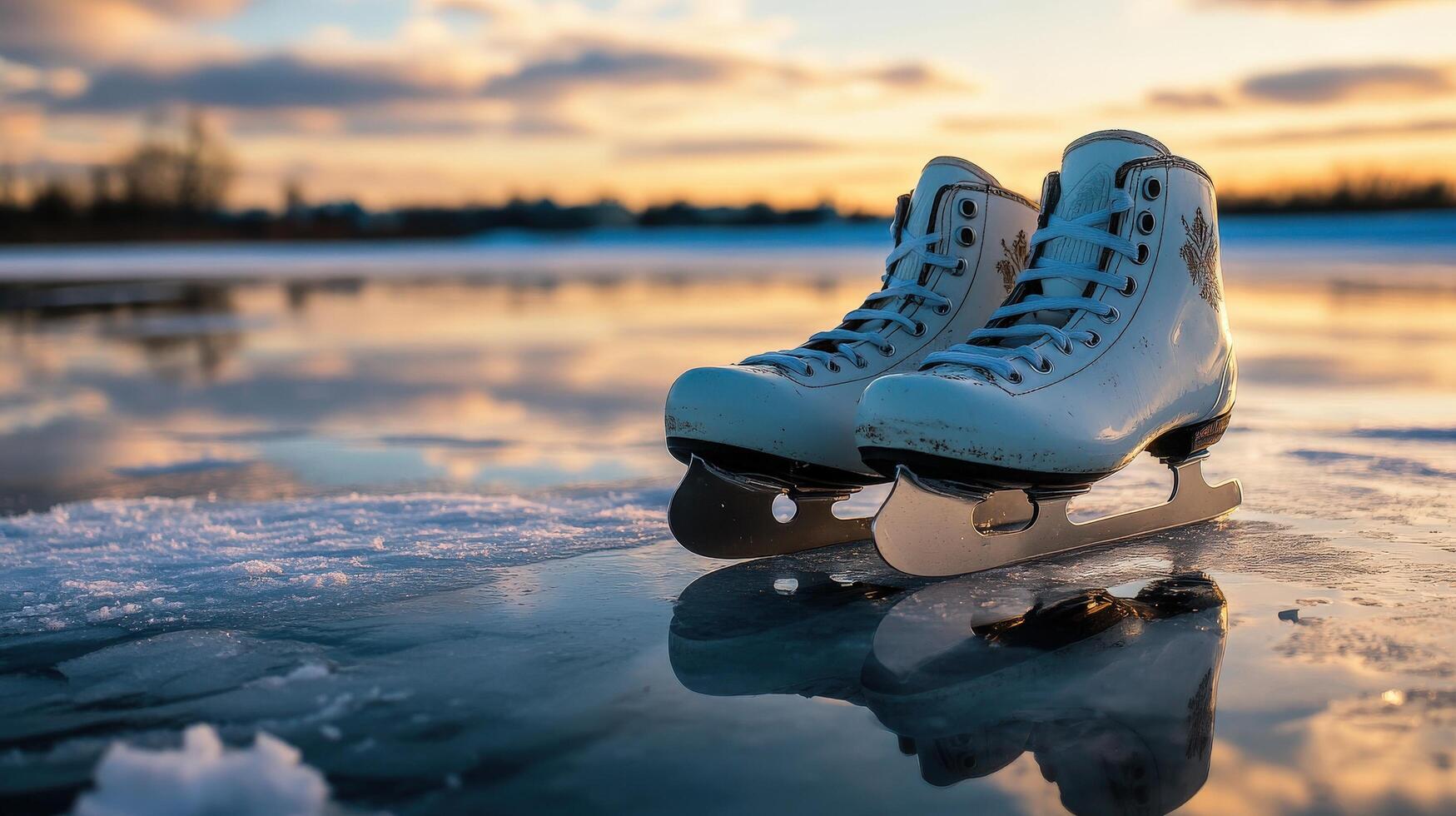 Ice skates resting on a frozen lake at sunset. photo