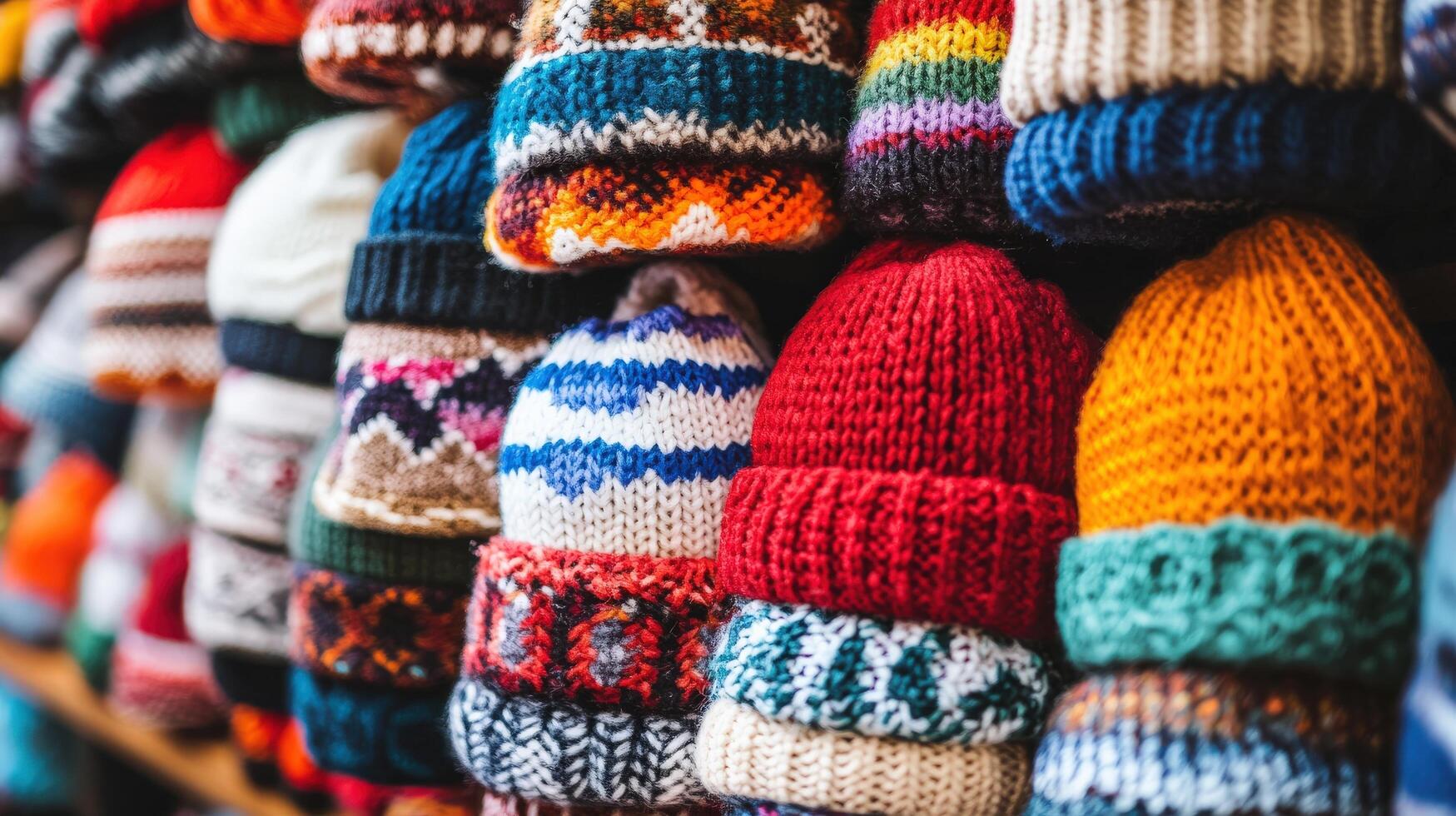 Colorful knitted hats stacked in a display. photo