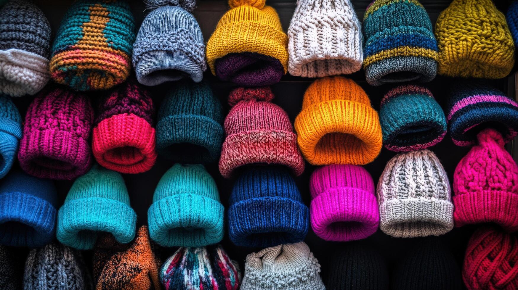Colorful knitted hats displayed in a variety of patterns. photo