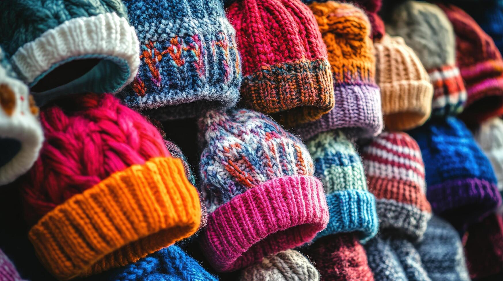 Colorful knitted hats displayed in a variety of patterns and shades. photo