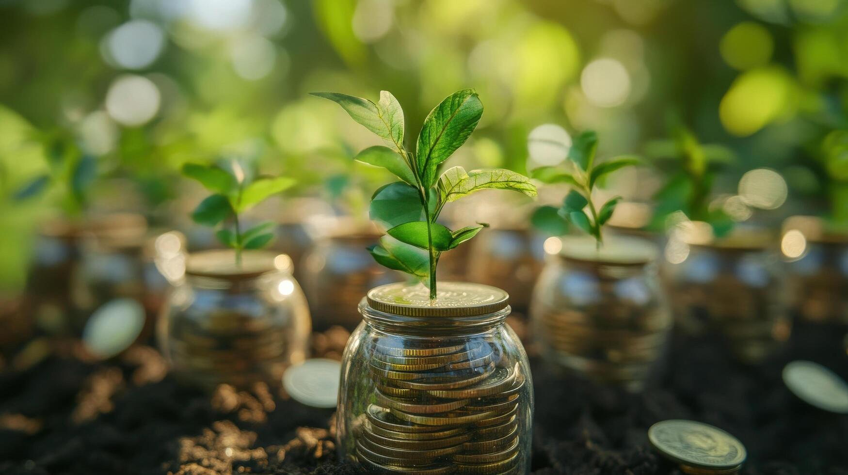 Small plants growing from money jars in soil. photo