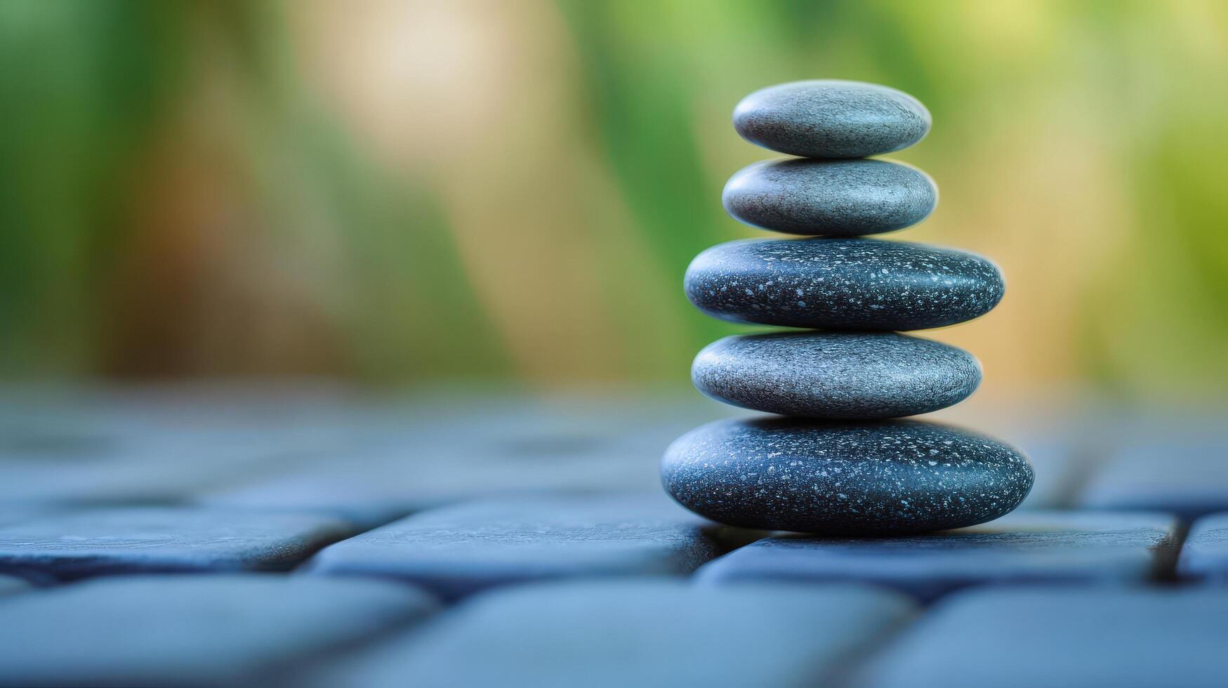 A delicate stack of stones balanced on a paved surface. photo