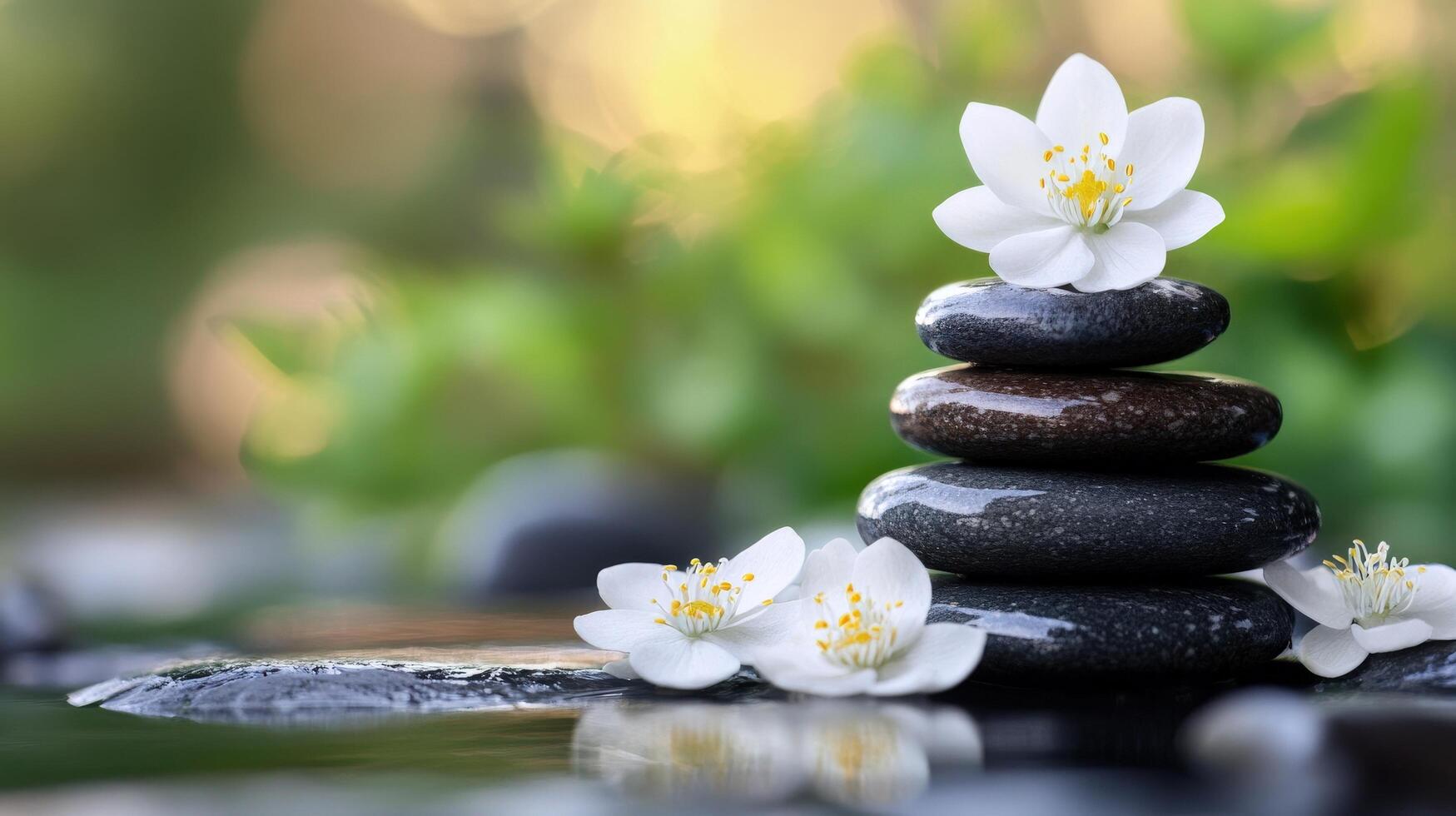 Peaceful zen stones with delicate blossoms. photo