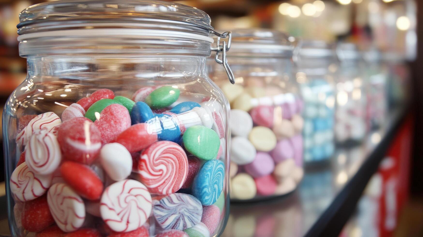 Colorful sweets displayed in clear glass jars. photo