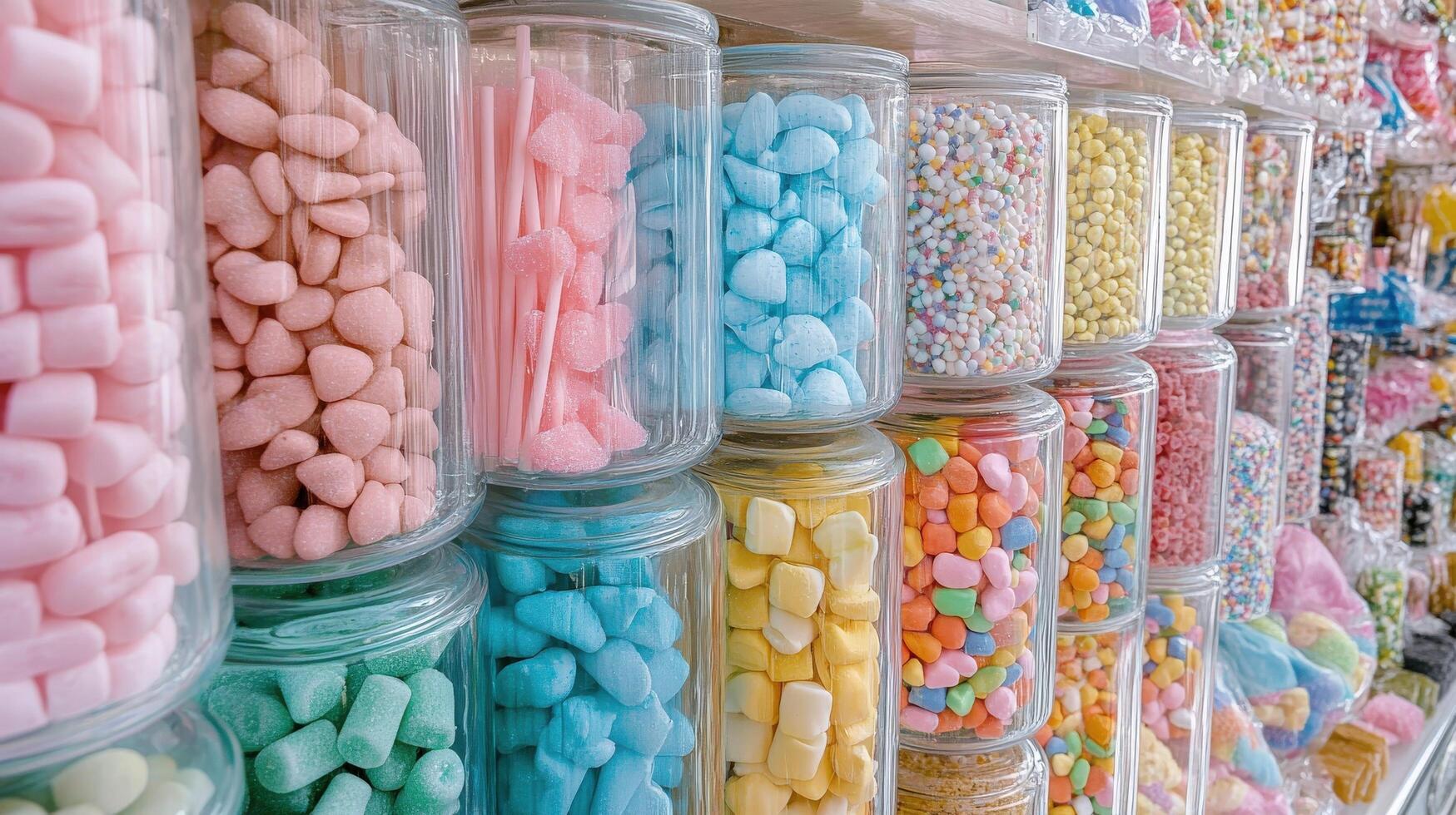 Colorful candy jars display a vibrant array of treats. photo