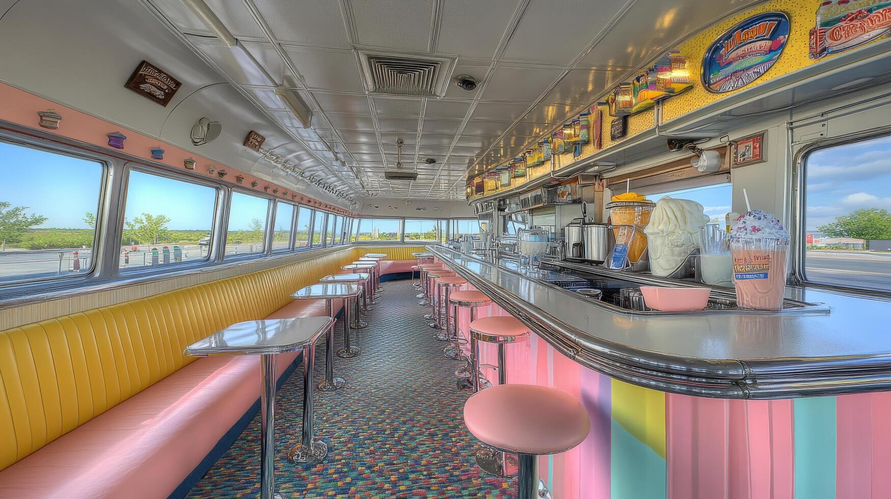 Colorful, mobile diner interior with pastel seating. photo