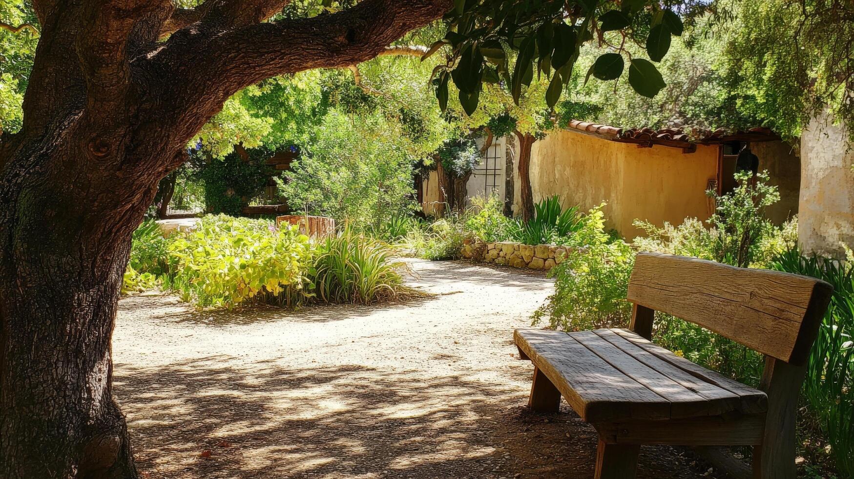 Sunny, secluded garden pathway with a wooden bench beneath a large tree. photo