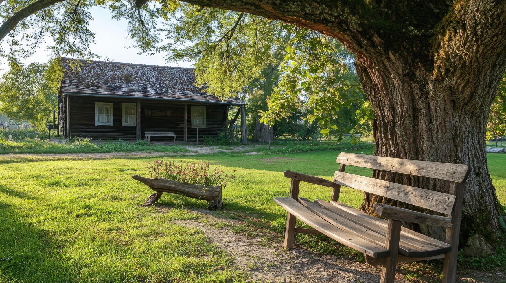 Wooden house and bench beneath a large tree in a sunny garden. photo