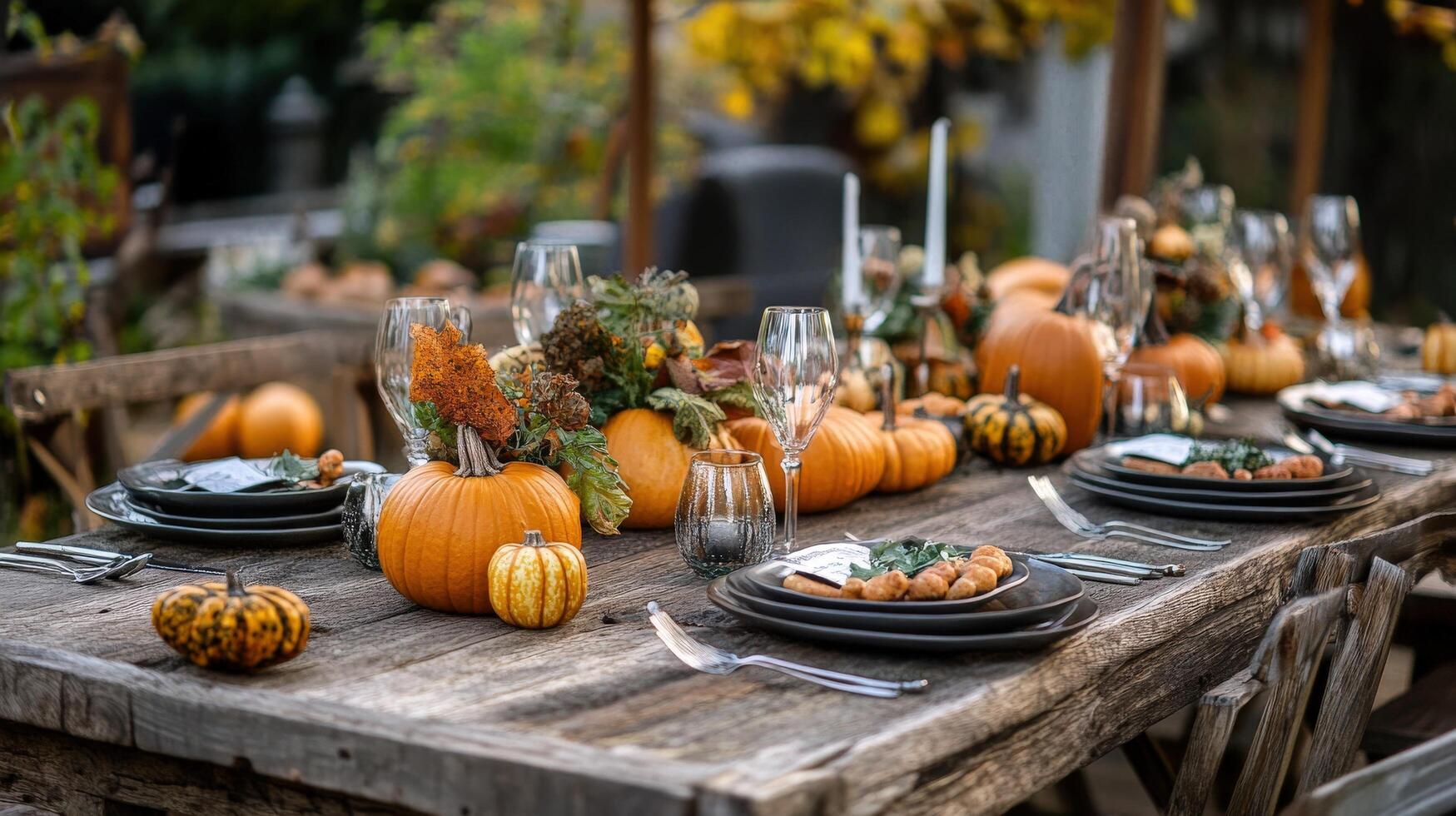 Rustic autumnal table setting with pumpkins and gourds. photo
