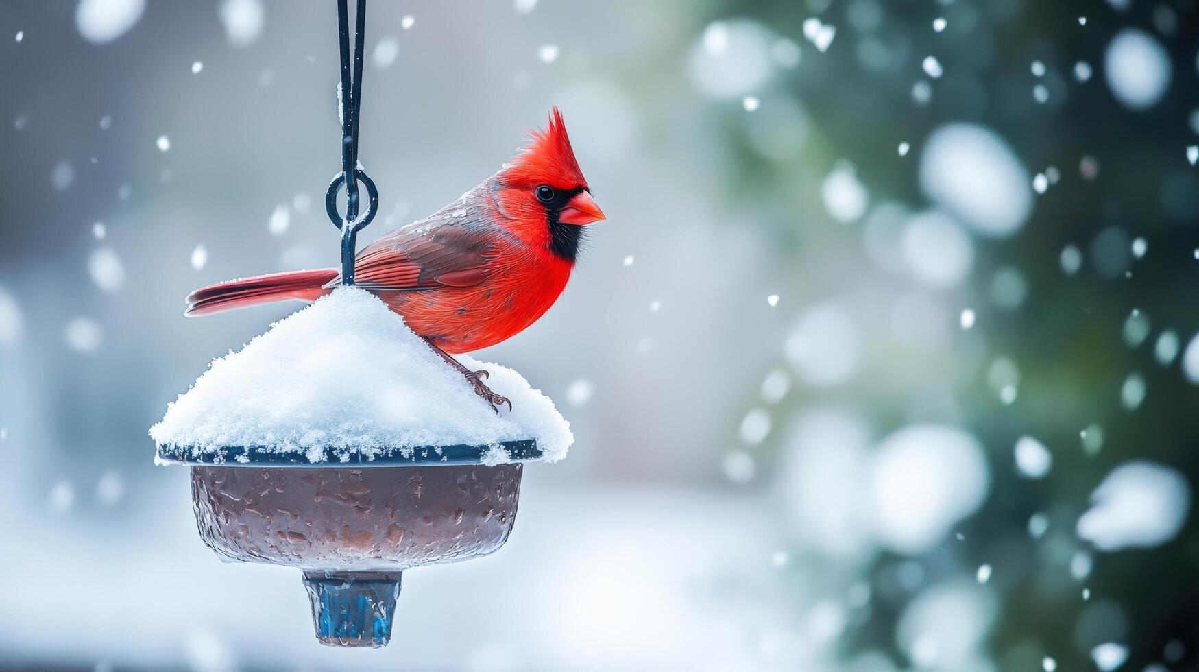 Northern cardinal perched on snowy feeder during snowfall. photo