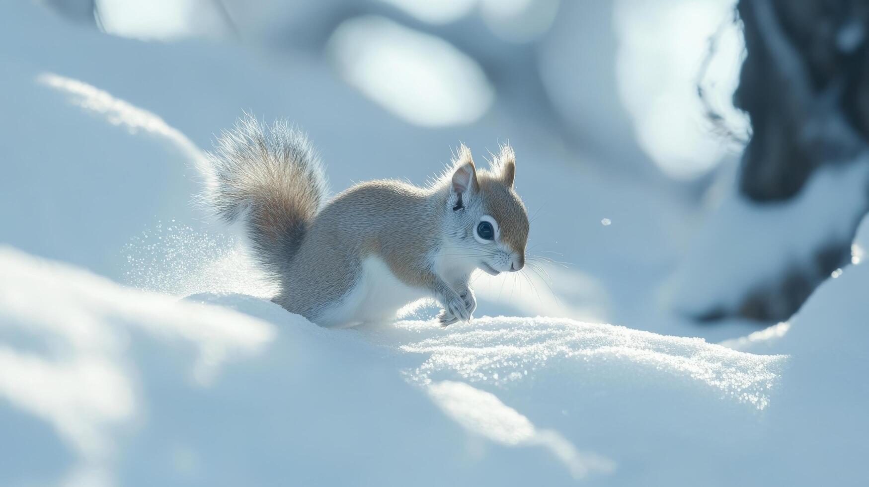 A light-filled winter scene featuring a squirrel in the snow. photo