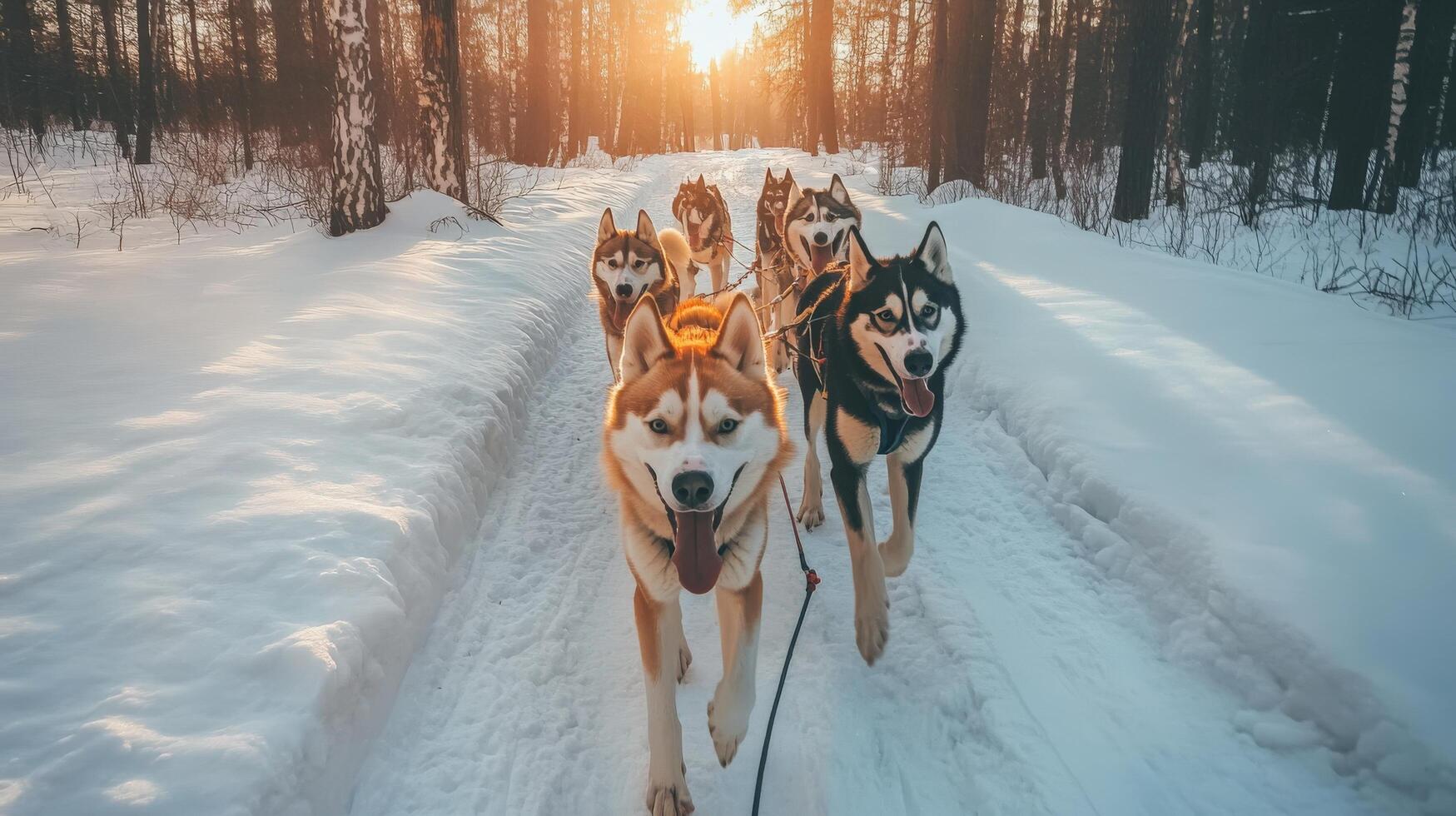 Winter wonderland scene of husky sled dogs in motion. photo
