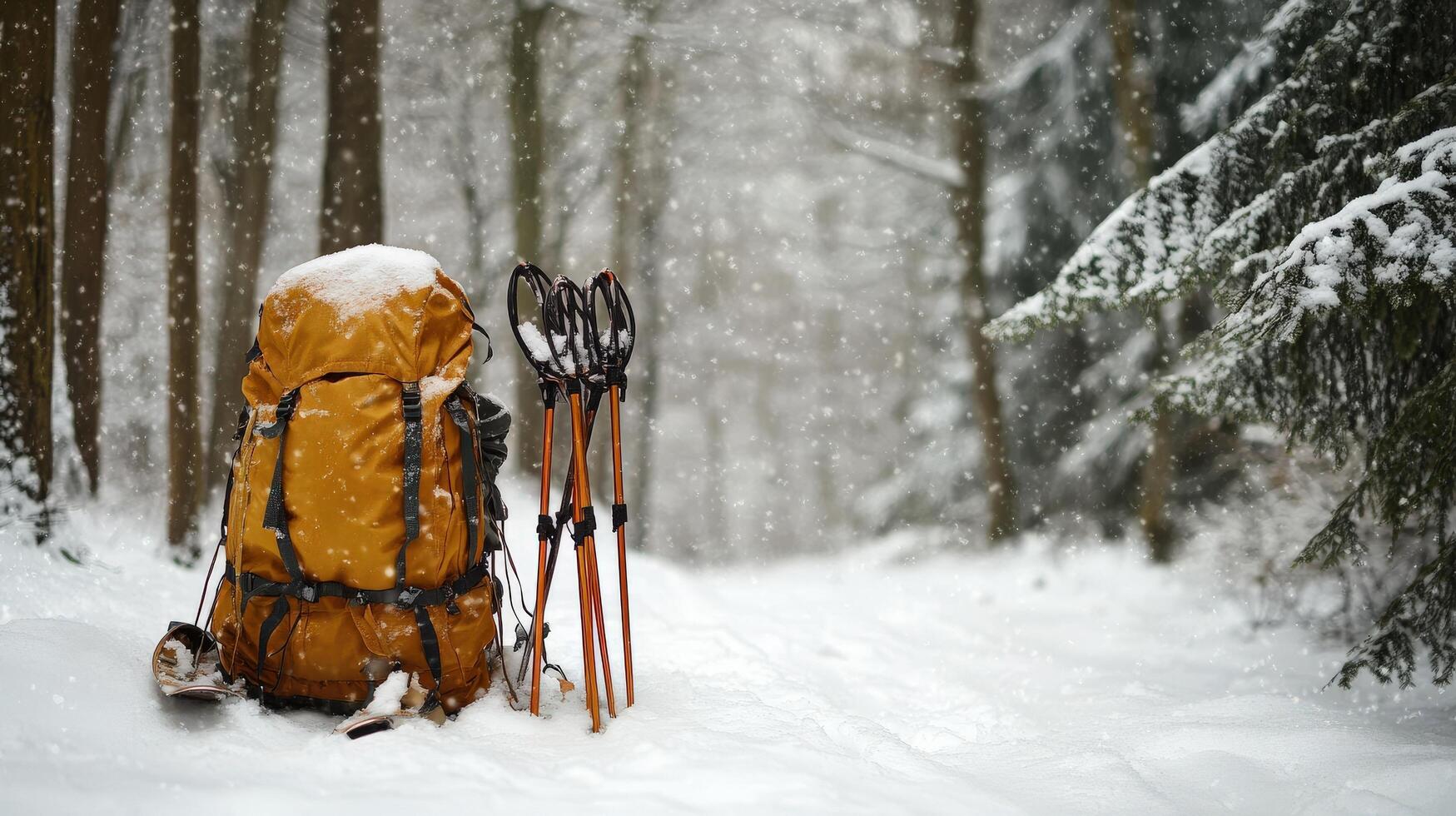 Snowy winter landscape with hiking equipment. photo