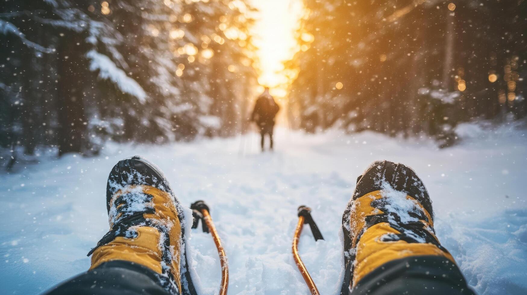 Winter hiking boots on snowy trail. photo
