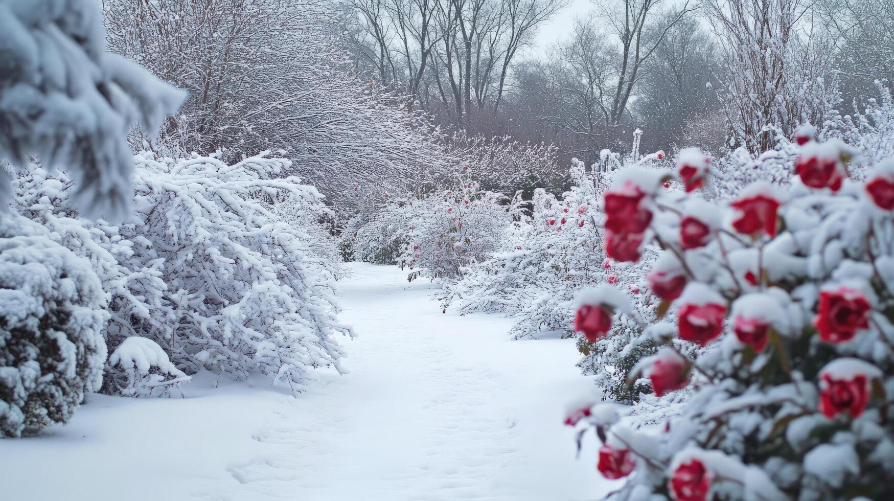 Snowy winter scene with red roses covered in snow. photo