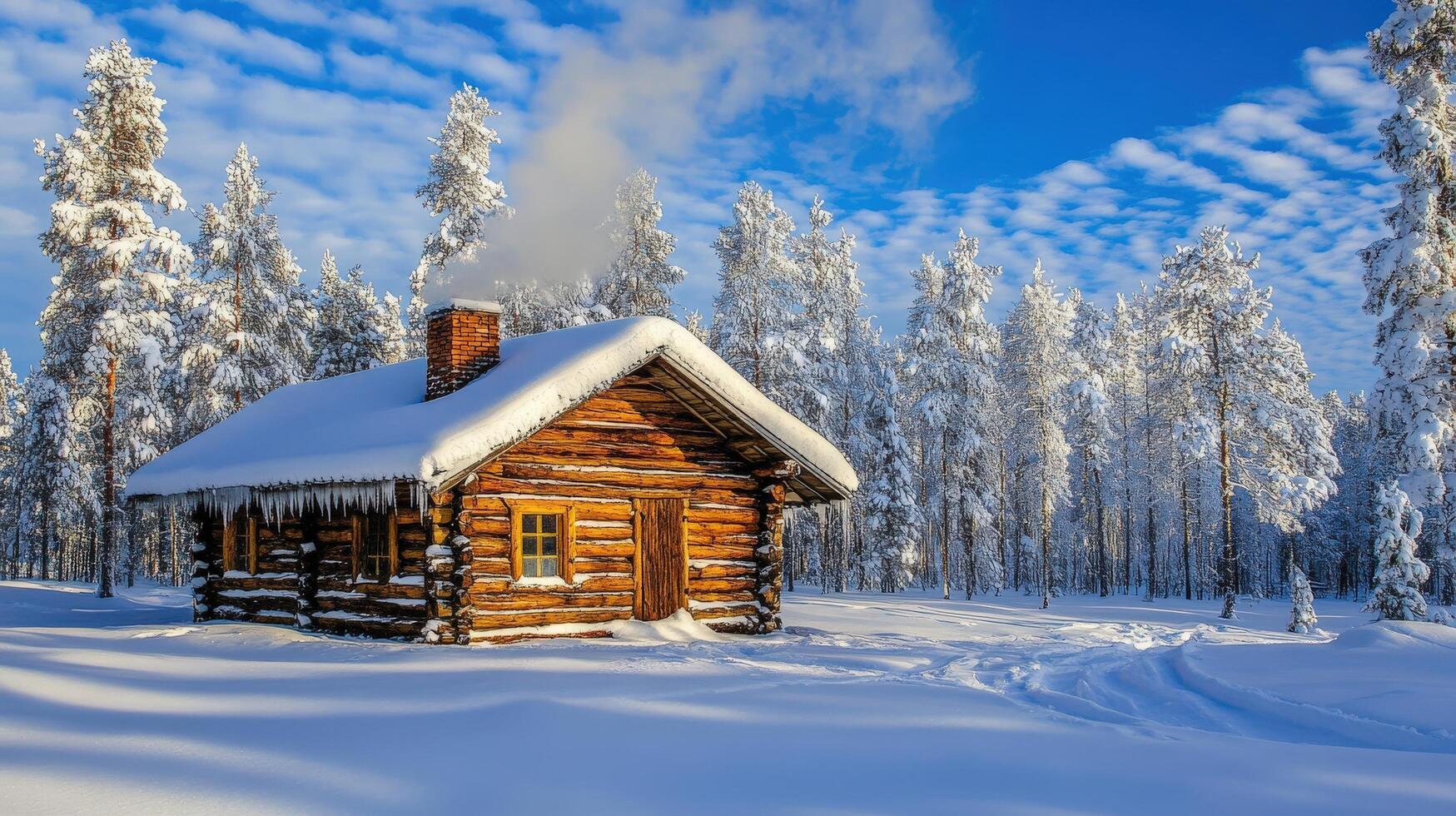 Snowy winter cabin nestled in a frosty forest. photo