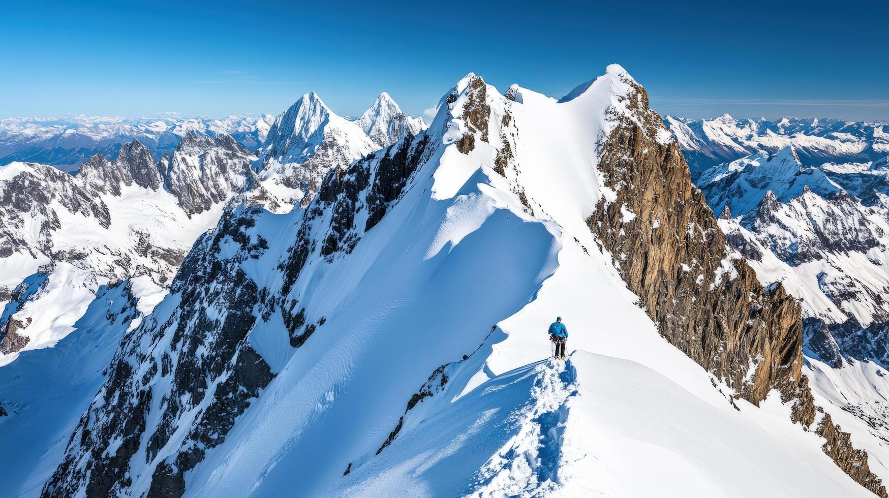 Majestic snowy mountain range with climber on summit ridge. photo