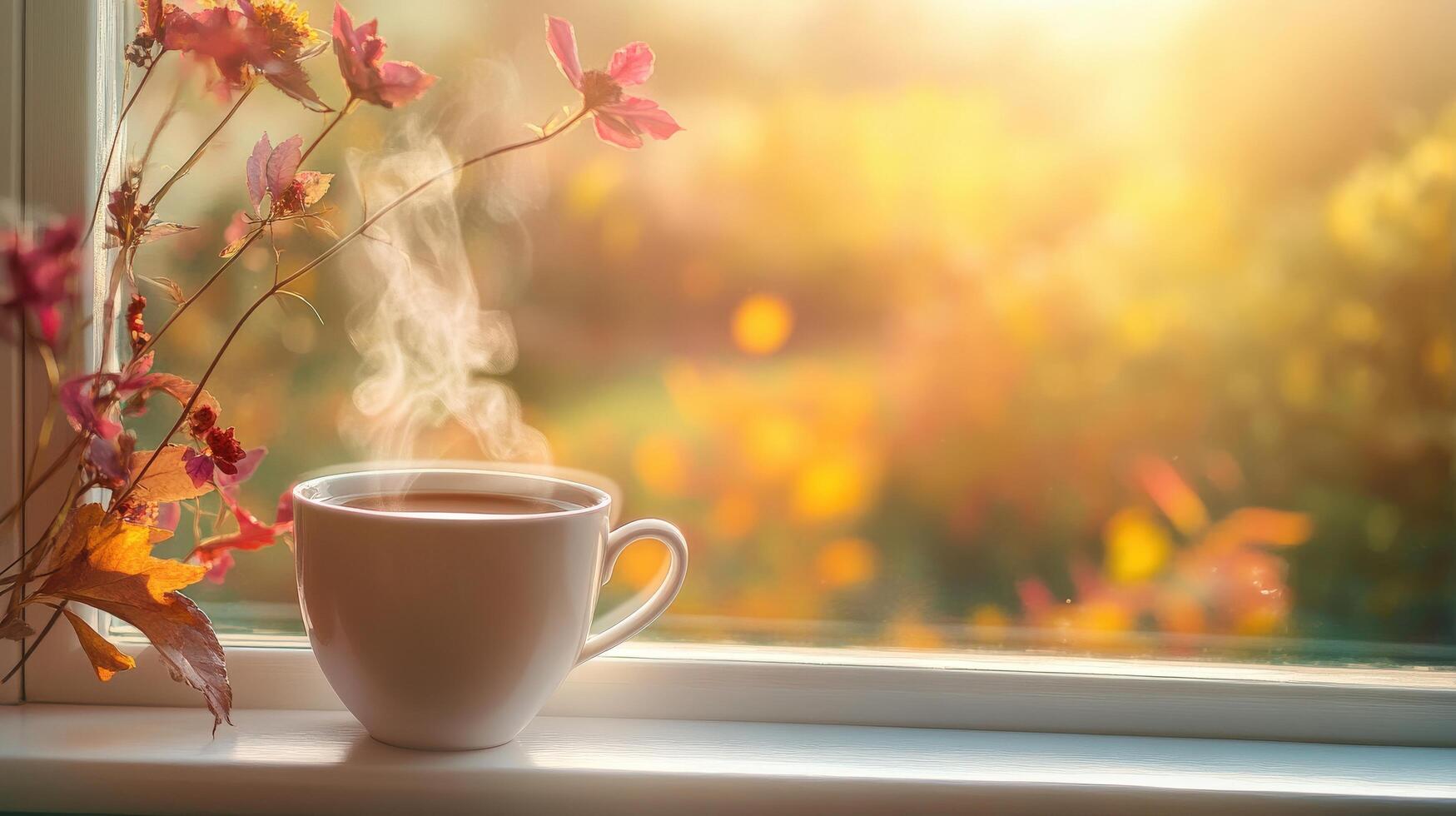 Warm autumnal morning coffee scene by window. photo