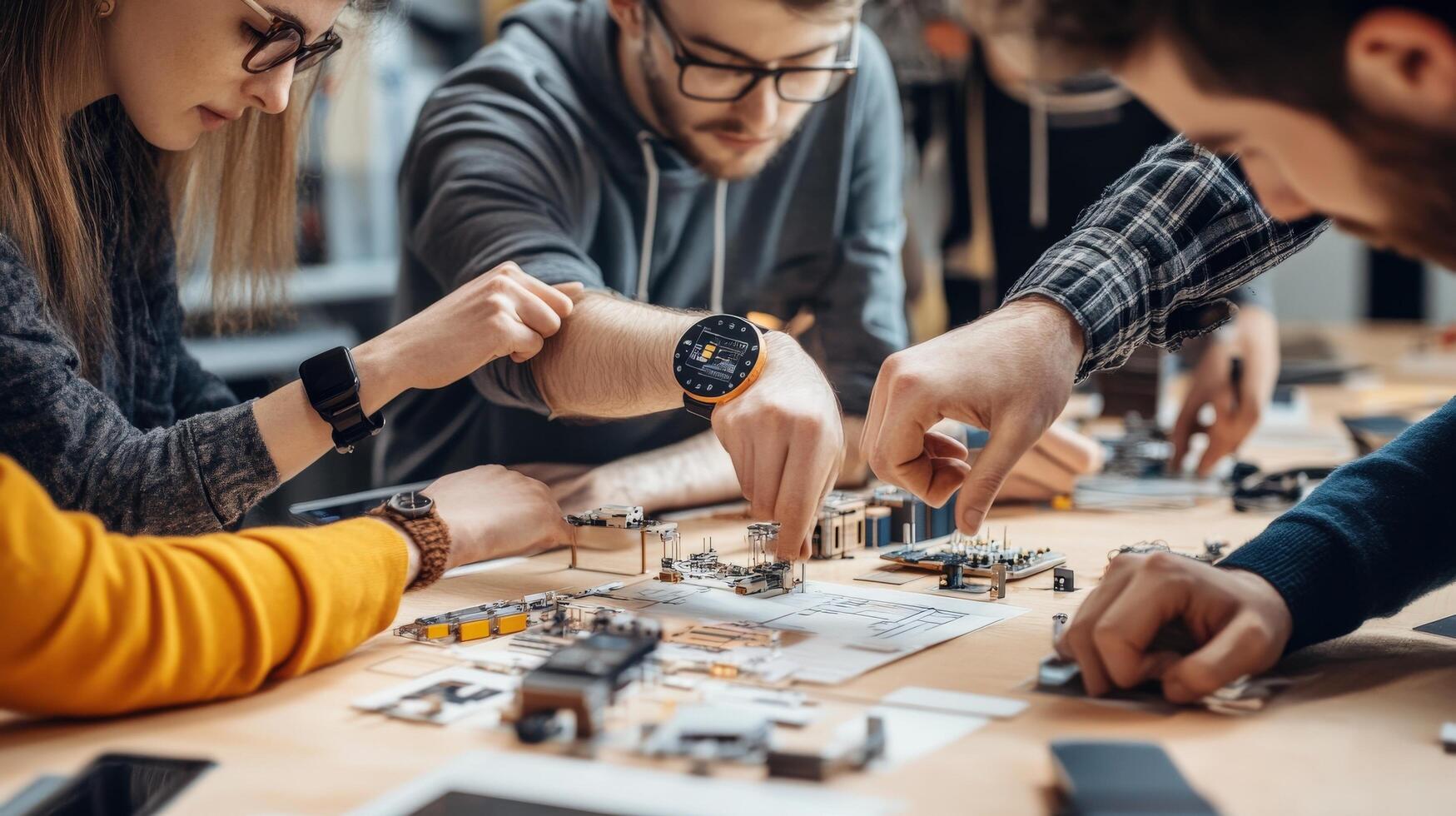 Focused group of young adults assembling electronic components. photo