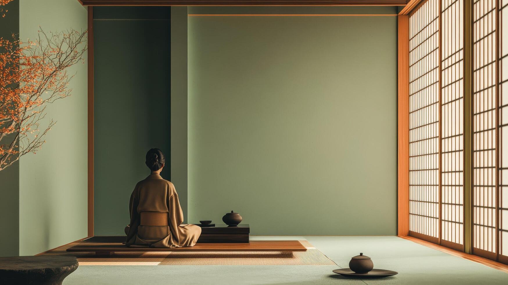 Tranquil zen garden room with seated figure. photo