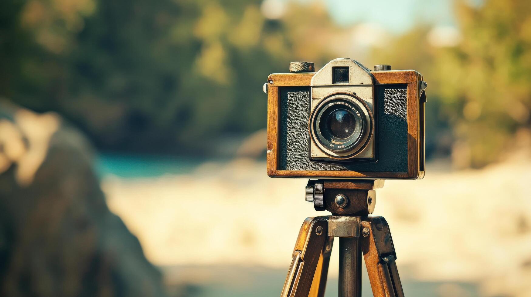 Vintage wooden camera on tripod outdoors in nature. photo