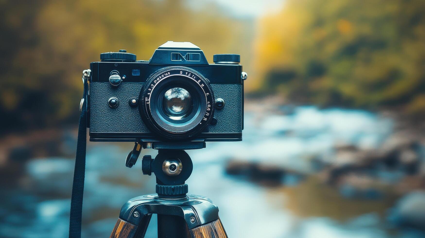 Vintage camera on tripod, autumnal forest backdrop. photo