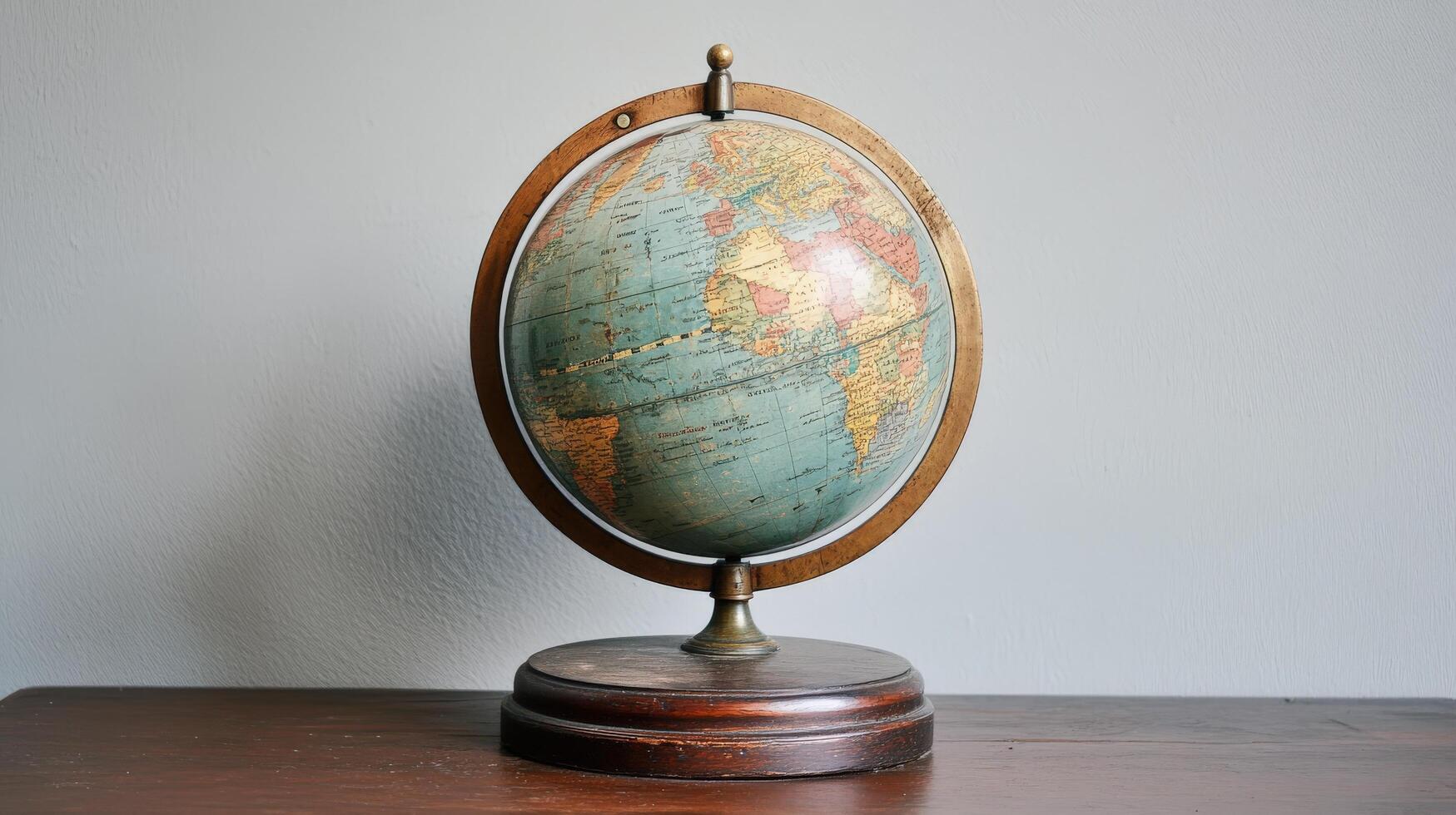 Antique world globe resting on a wooden pedestal. photo