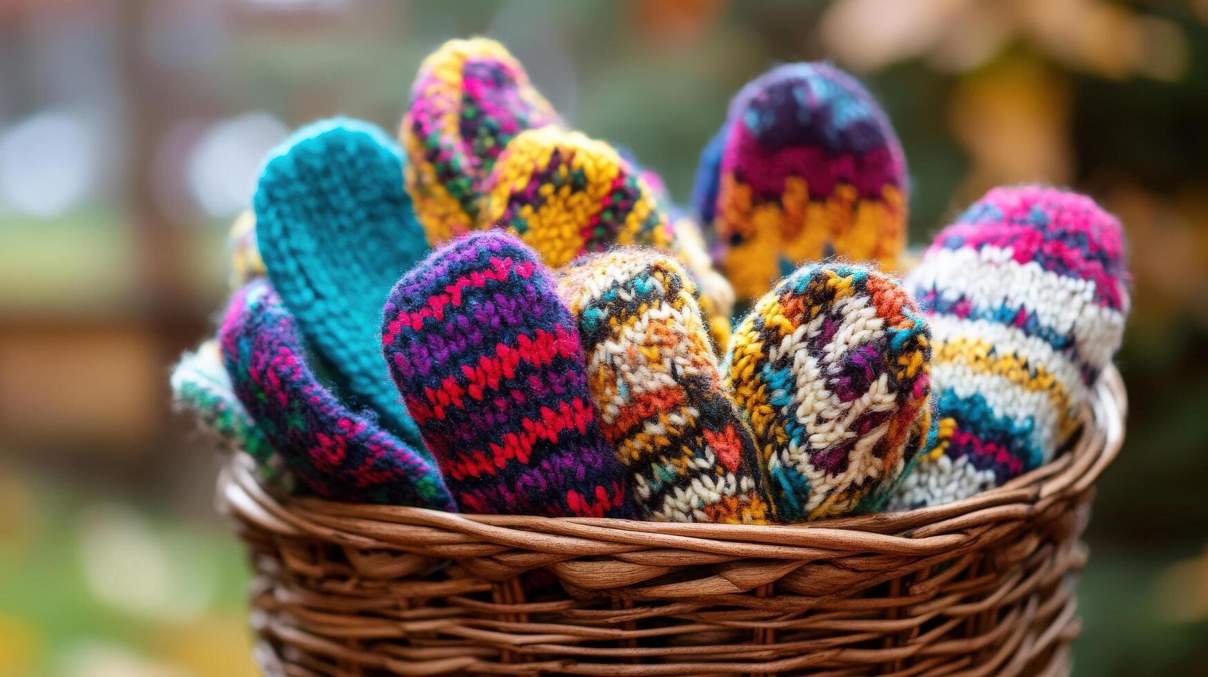 Colorful knitted mittens nestled within a wicker basket. photo