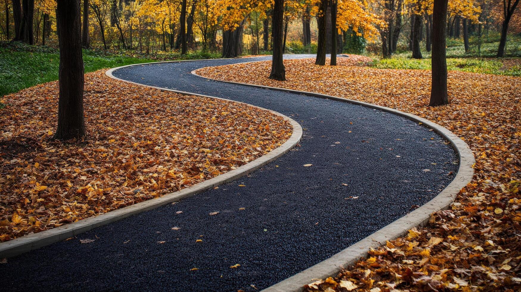 Winding path through autumnal parkland, edged with fallen leaves. photo