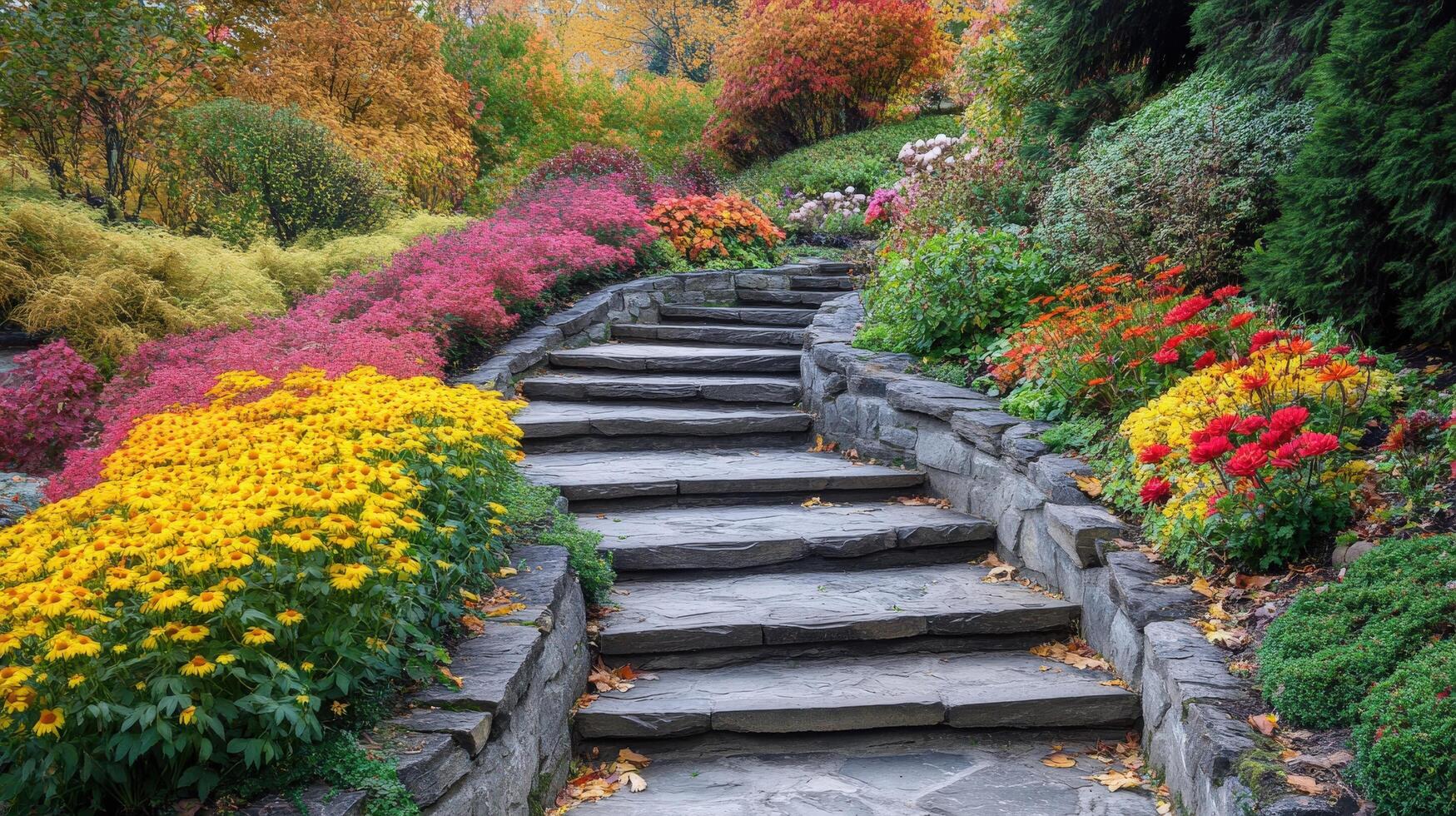 Winding stone steps ascend through a vibrant autumn garden. photo