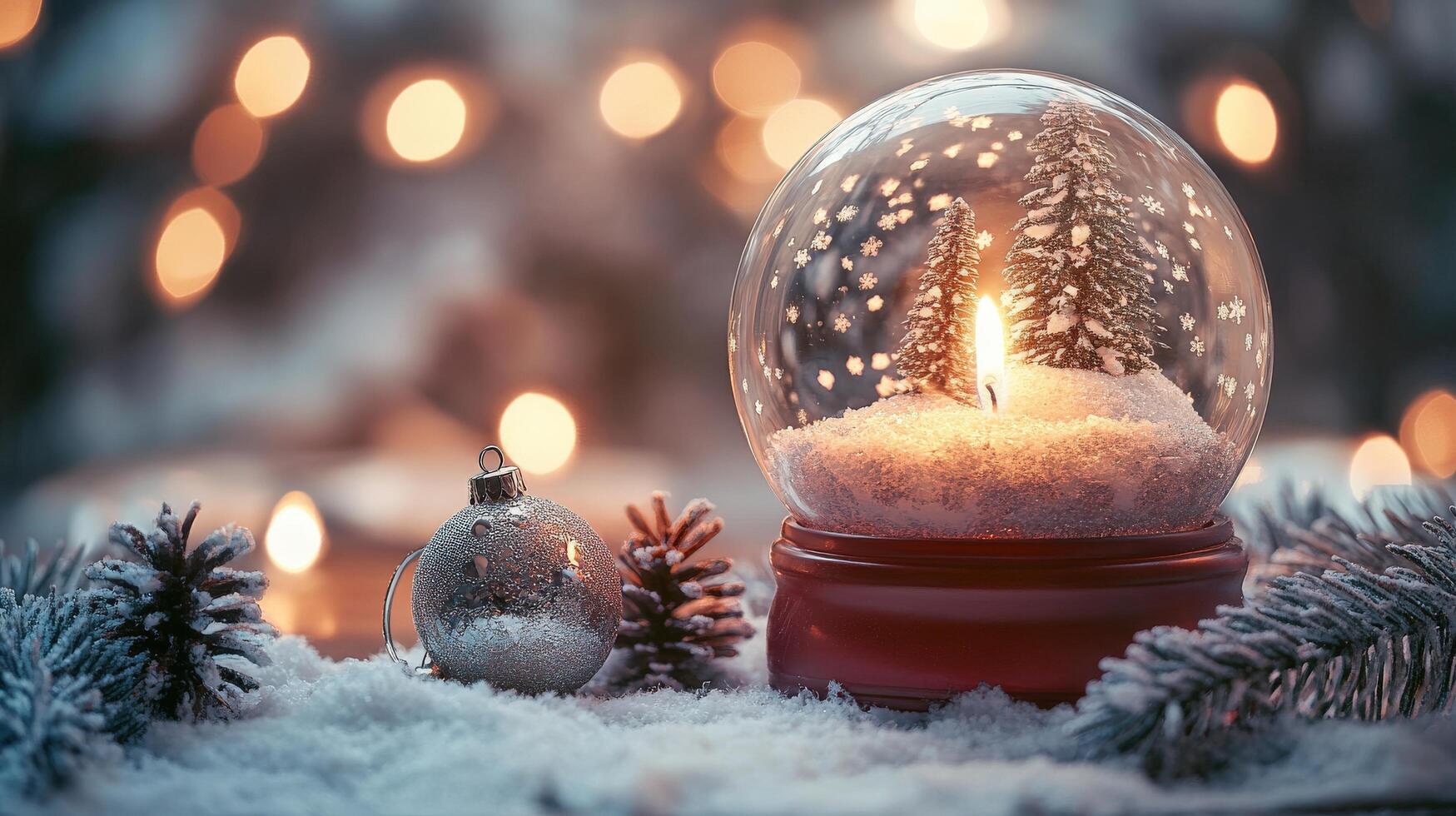 Sparkling christmas snow globe with christmas tree and candle. photo