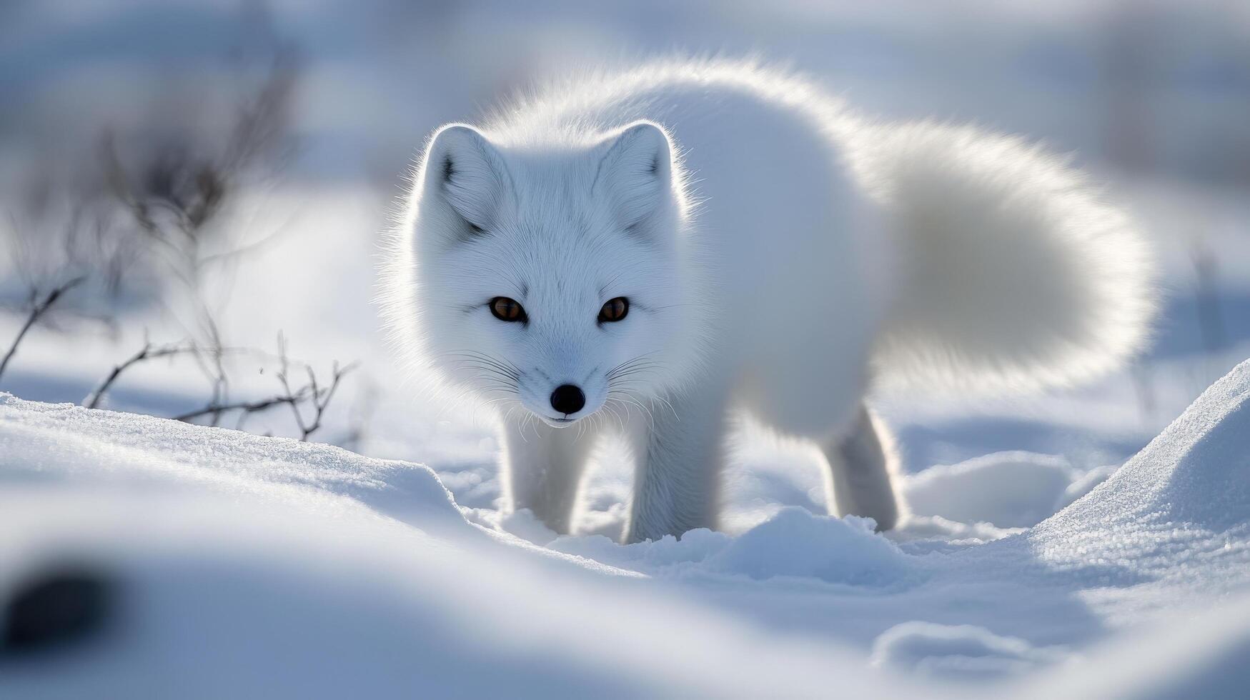 A white arctic fox in pristine snow. photo