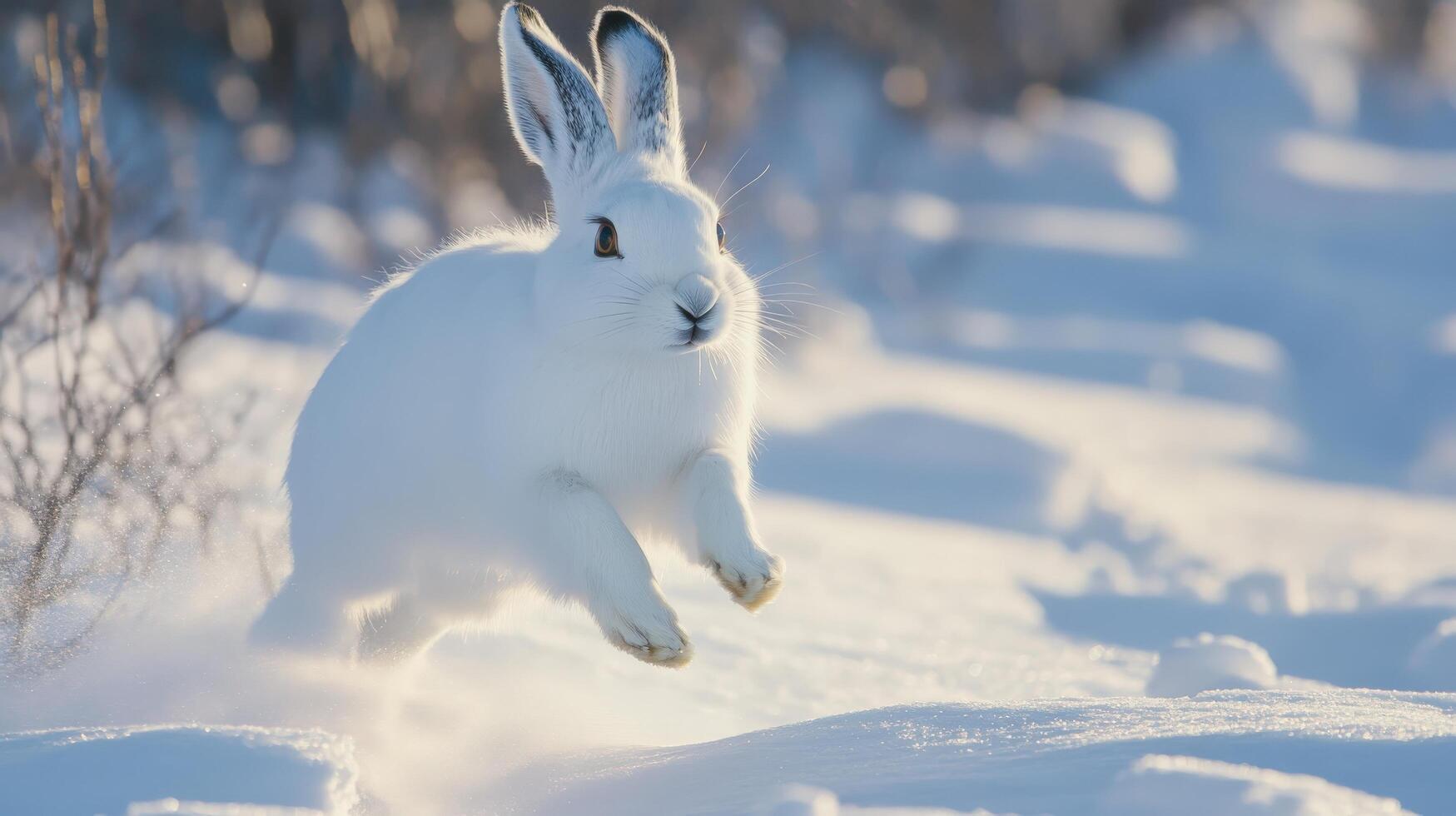 Winter scene of a leaping arctic hare in snow. photo