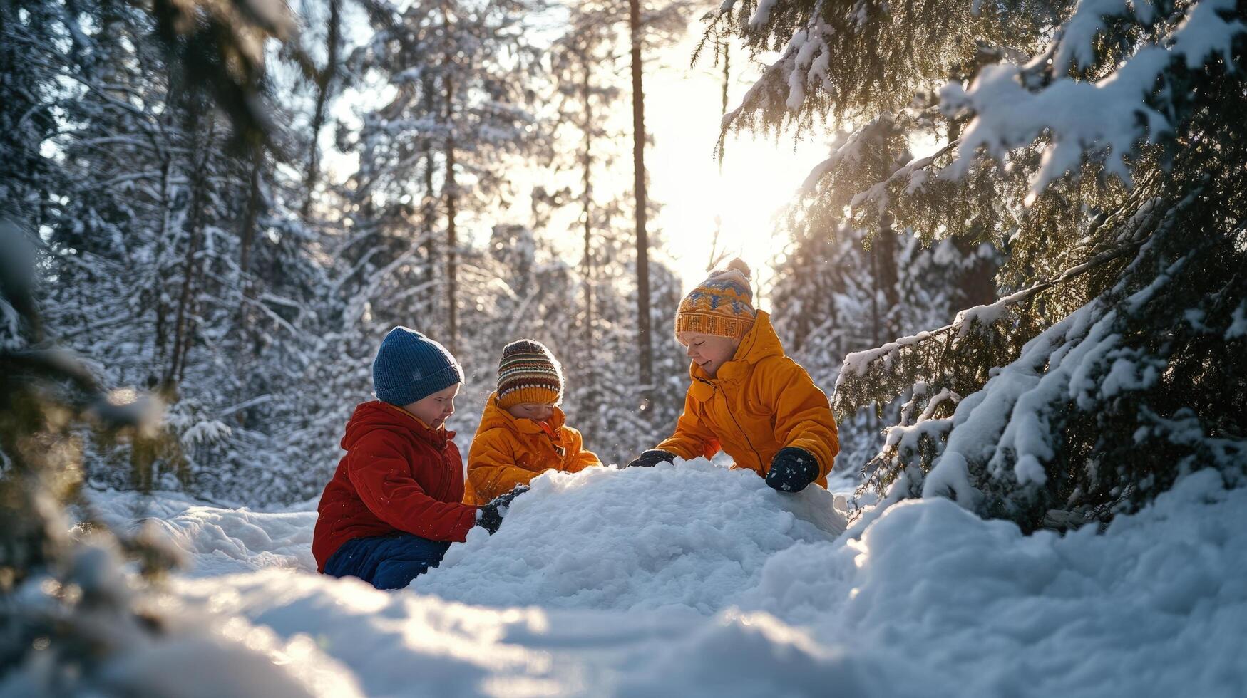Three children build a snow fort in a snowy forest. photo