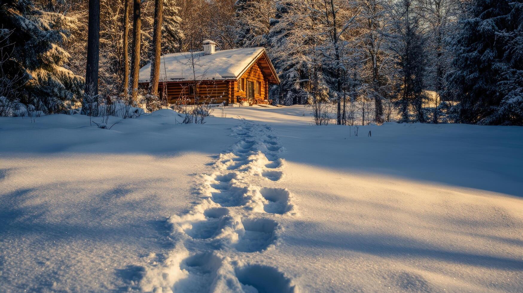 Snowy path leading to a wooden cabin in winter woods. photo