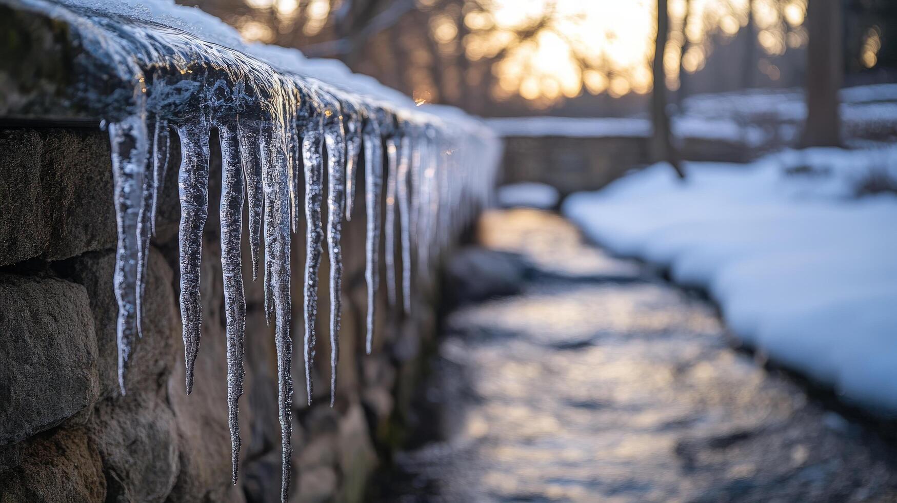 Frozen icicles cascading from a stone wall over a snowy stream. photo