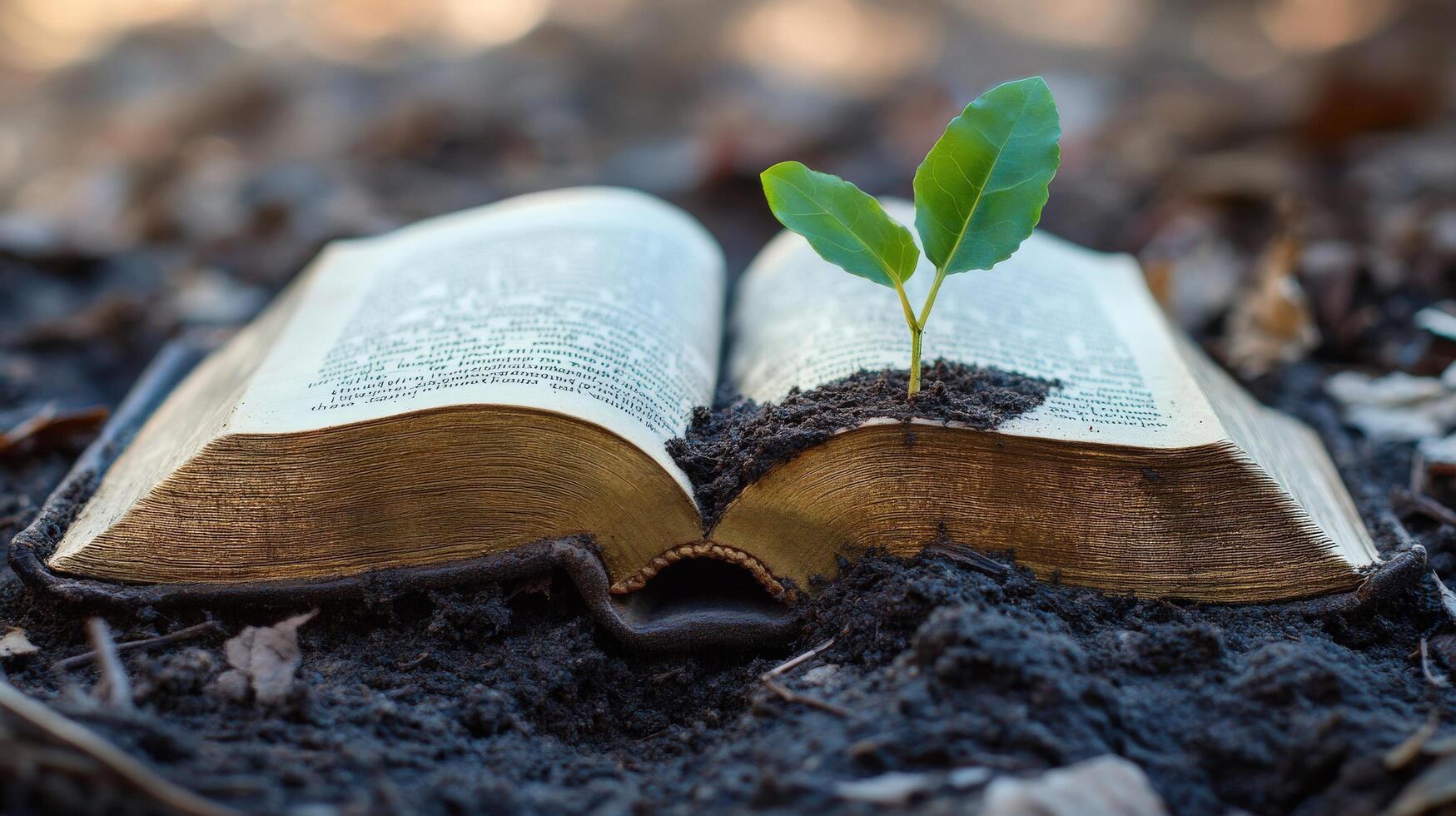 Aged book with a sprout in the earth. photo