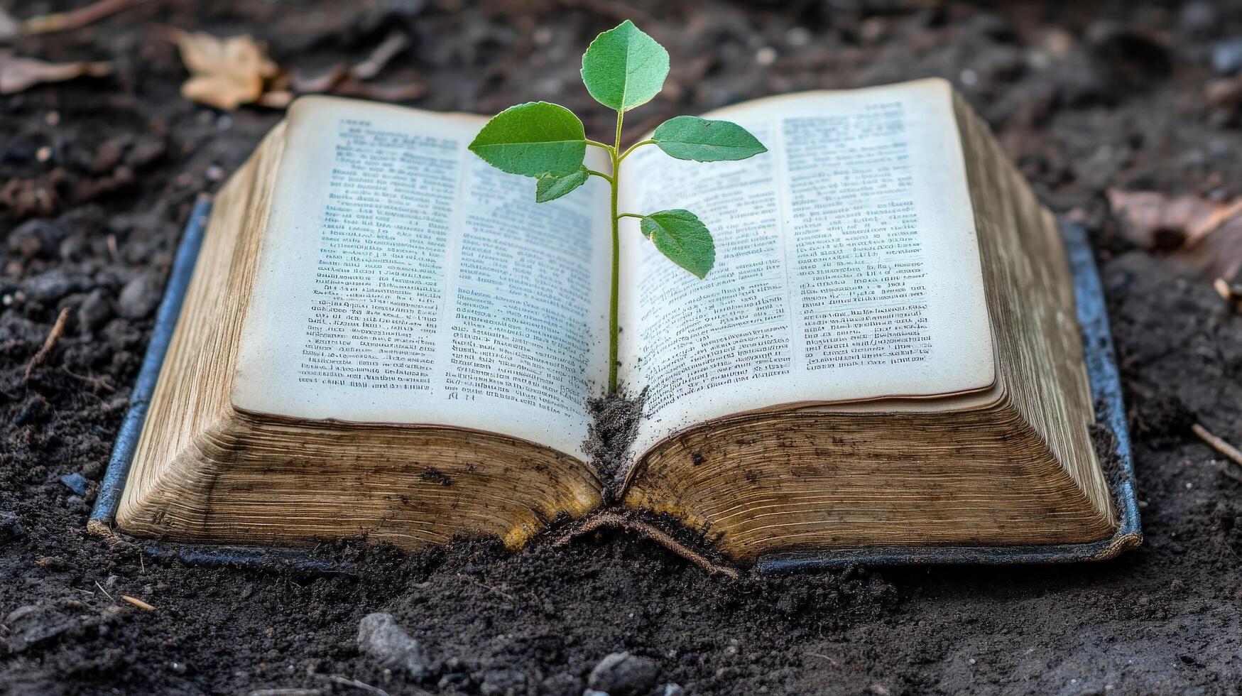 A weathered book planted in earth with a sprout growing from it. photo