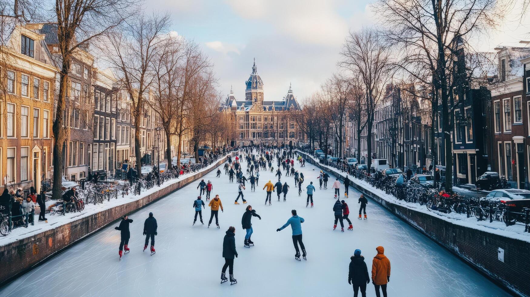 A winter scene of skaters enjoying an icy canal. photo